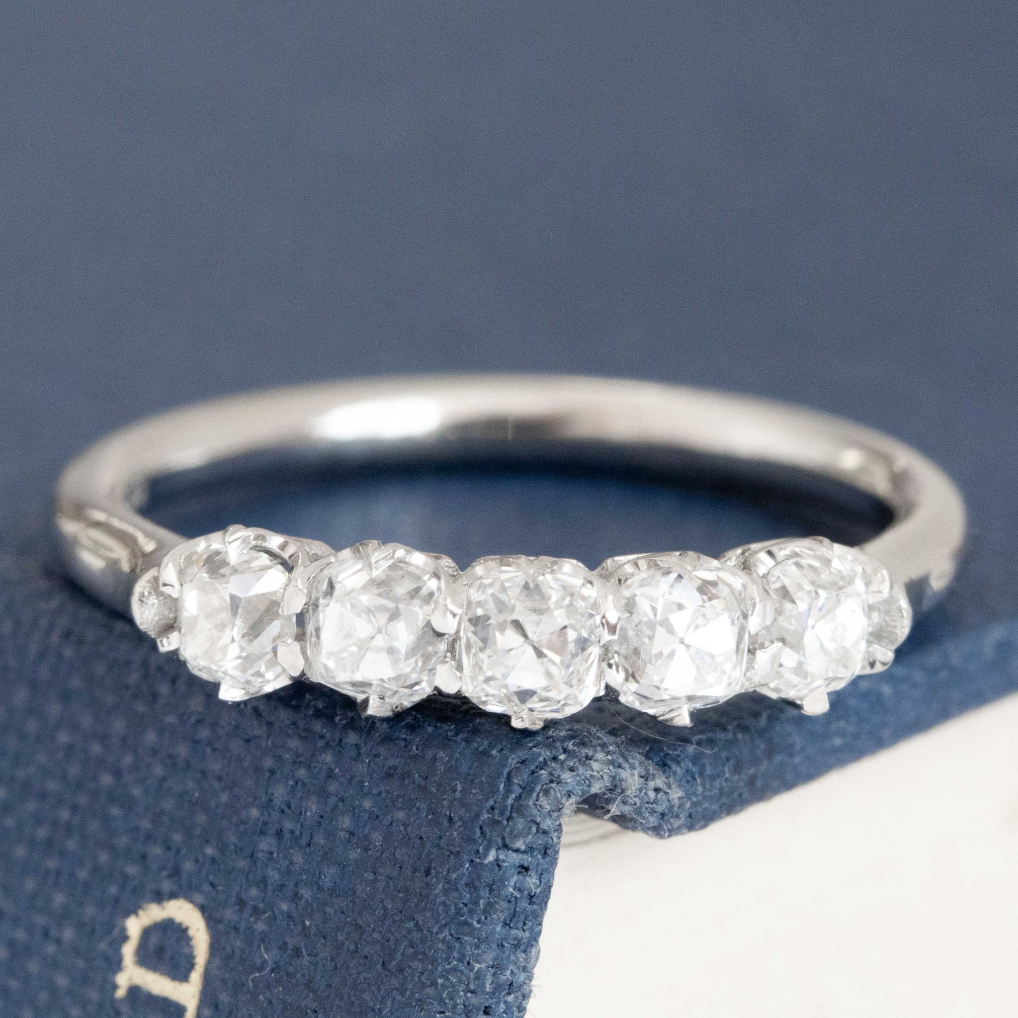 .79ctw Petite Old Mine Cut Diamond 5-Stone Band with Old Mine Cut Diamonds in platinum, antique-inspired one-of-a-kind wedding band