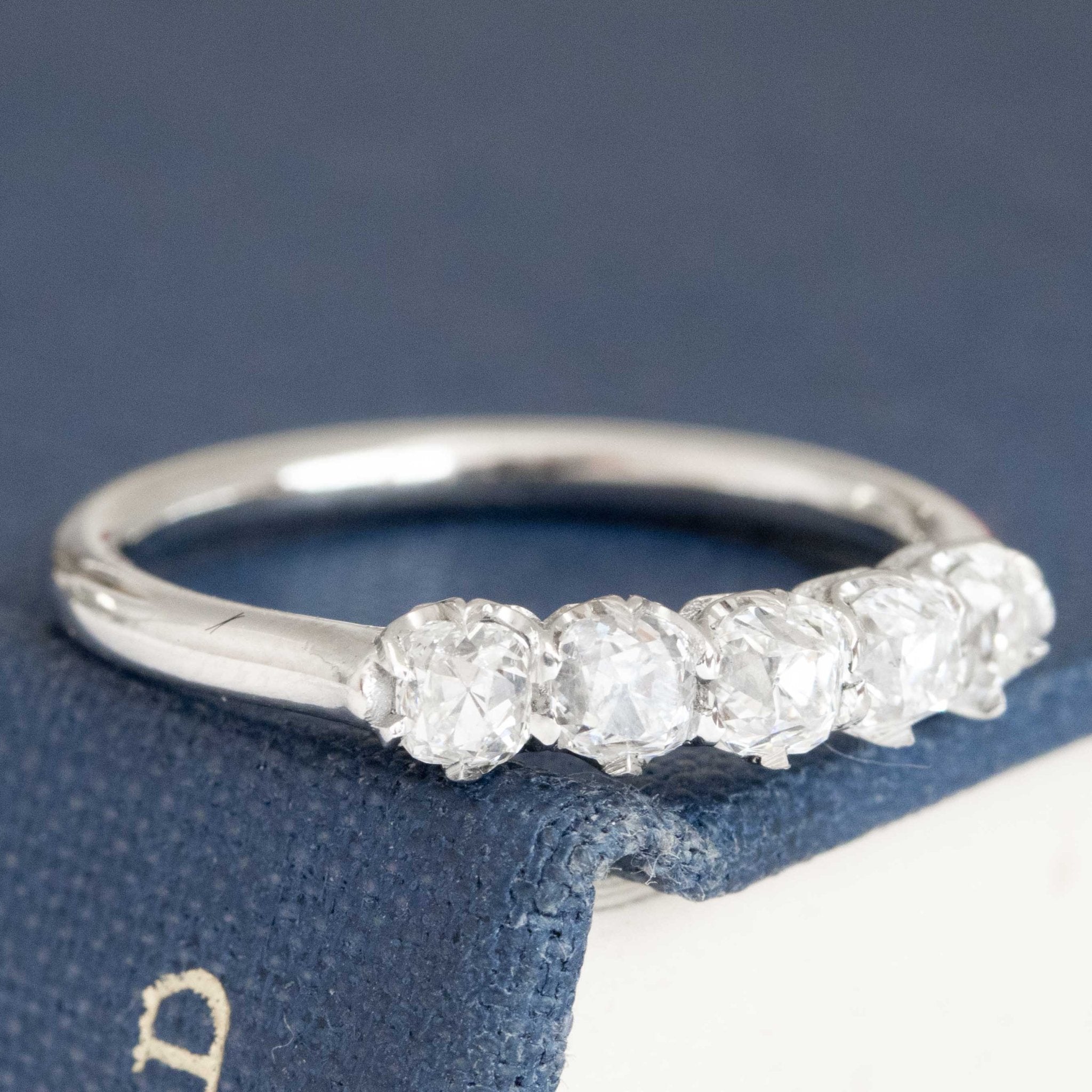 Historic style .79ctw Petite Old Mine Cut Diamond 5-Stone Band wedding band with Old Mine Cut Diamonds, unique heirloom in platinum