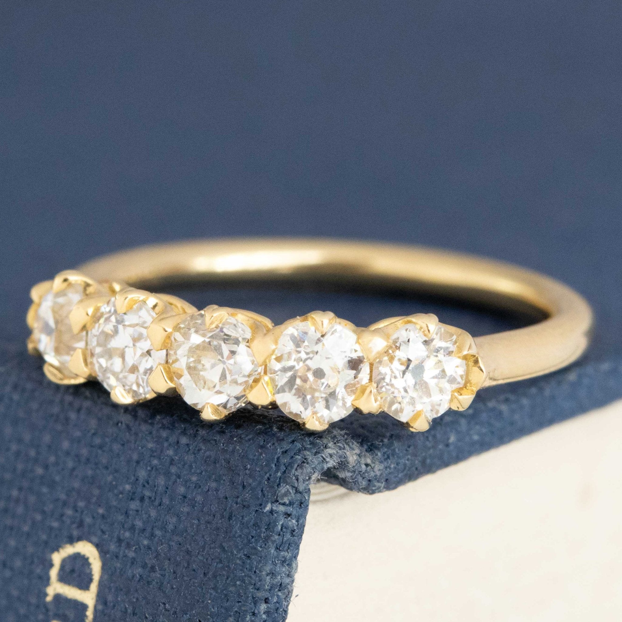 Antique lovers’ .80ctw Old European Cut Diamond 5-Stone Half-hoop Band in yellow gold, featuring rare Earth-mined Old European Cut Diamonds