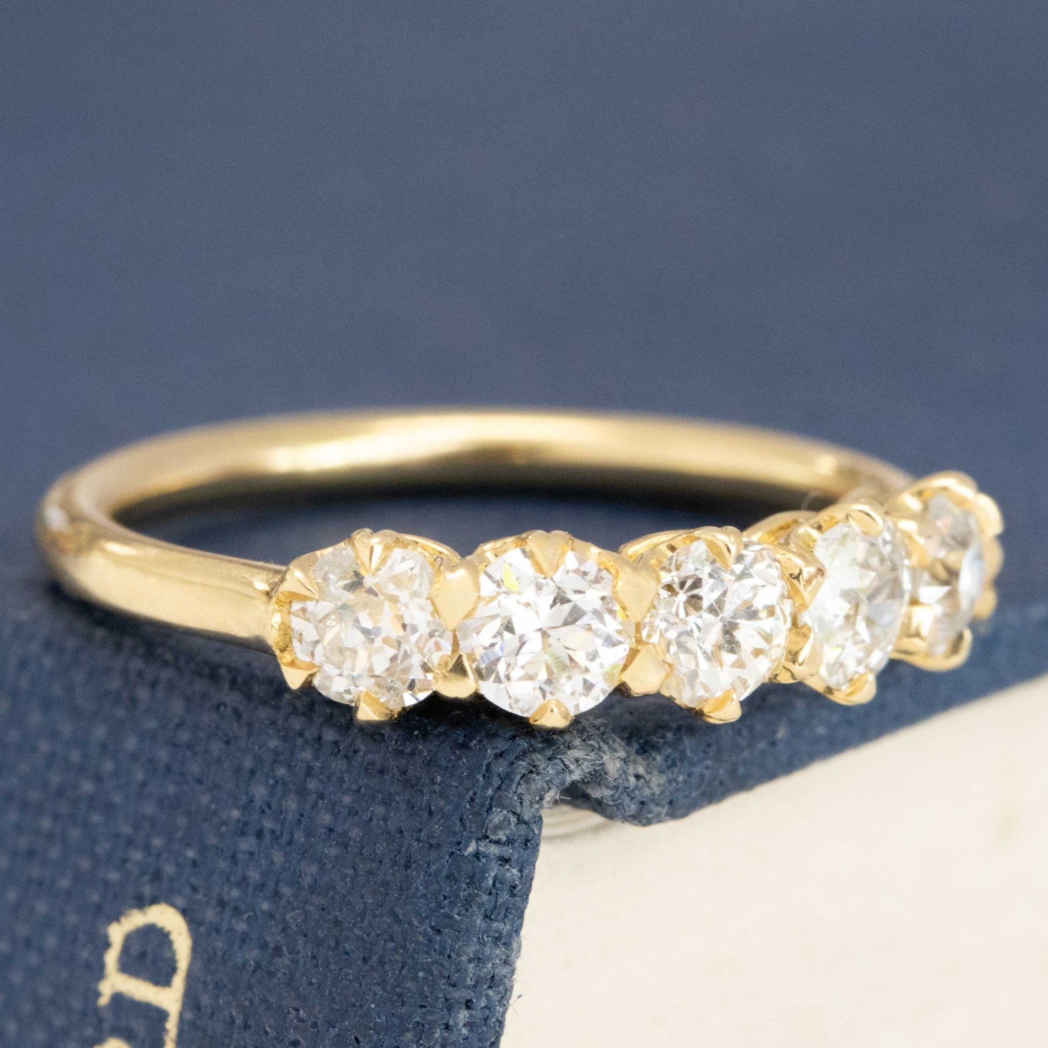 Historic style .80ctw Old European Cut Diamond 5-Stone Half-hoop Band wedding band with Old European Cut Diamonds, unique heirloom in yellow gold