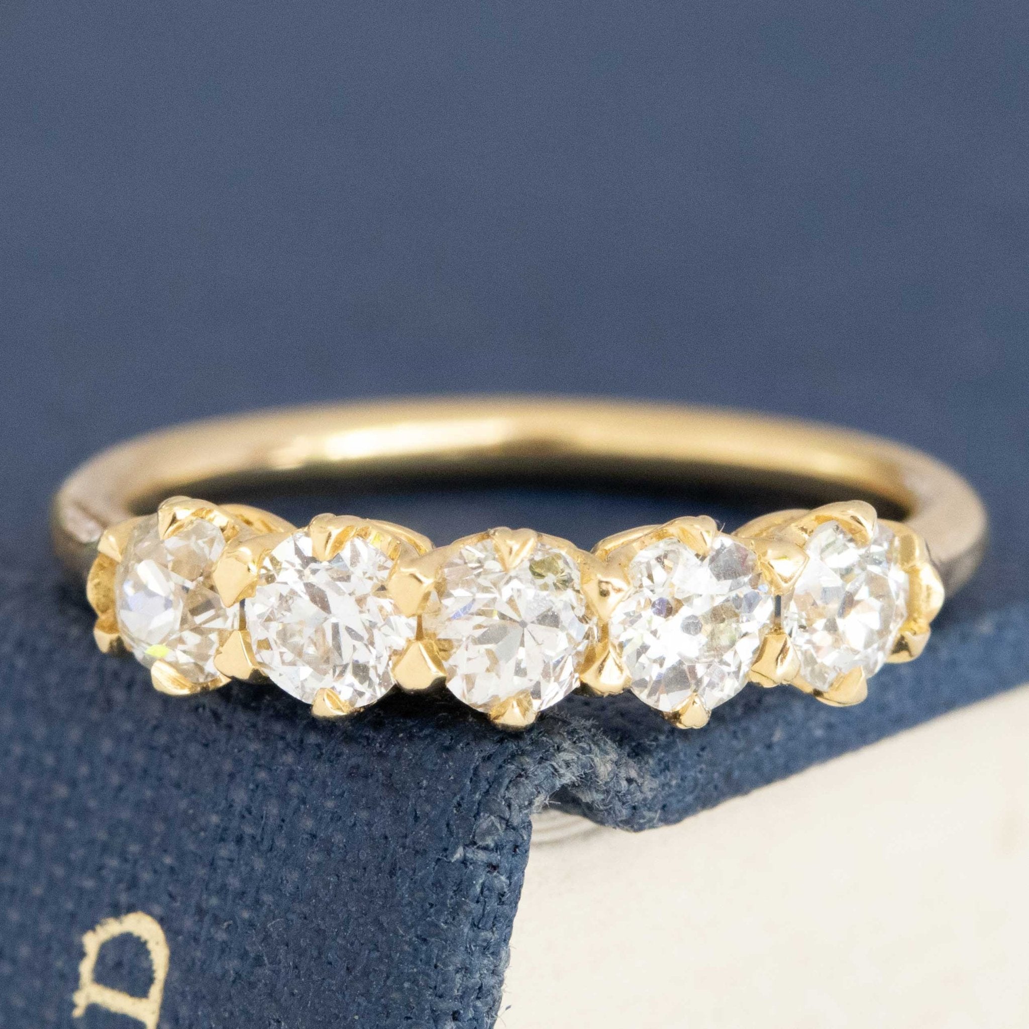.80ctw Old European Cut Diamond 5-Stone Half-hoop Band with Old European Cut Diamonds in yellow gold, antique-inspired one-of-a-kind wedding band