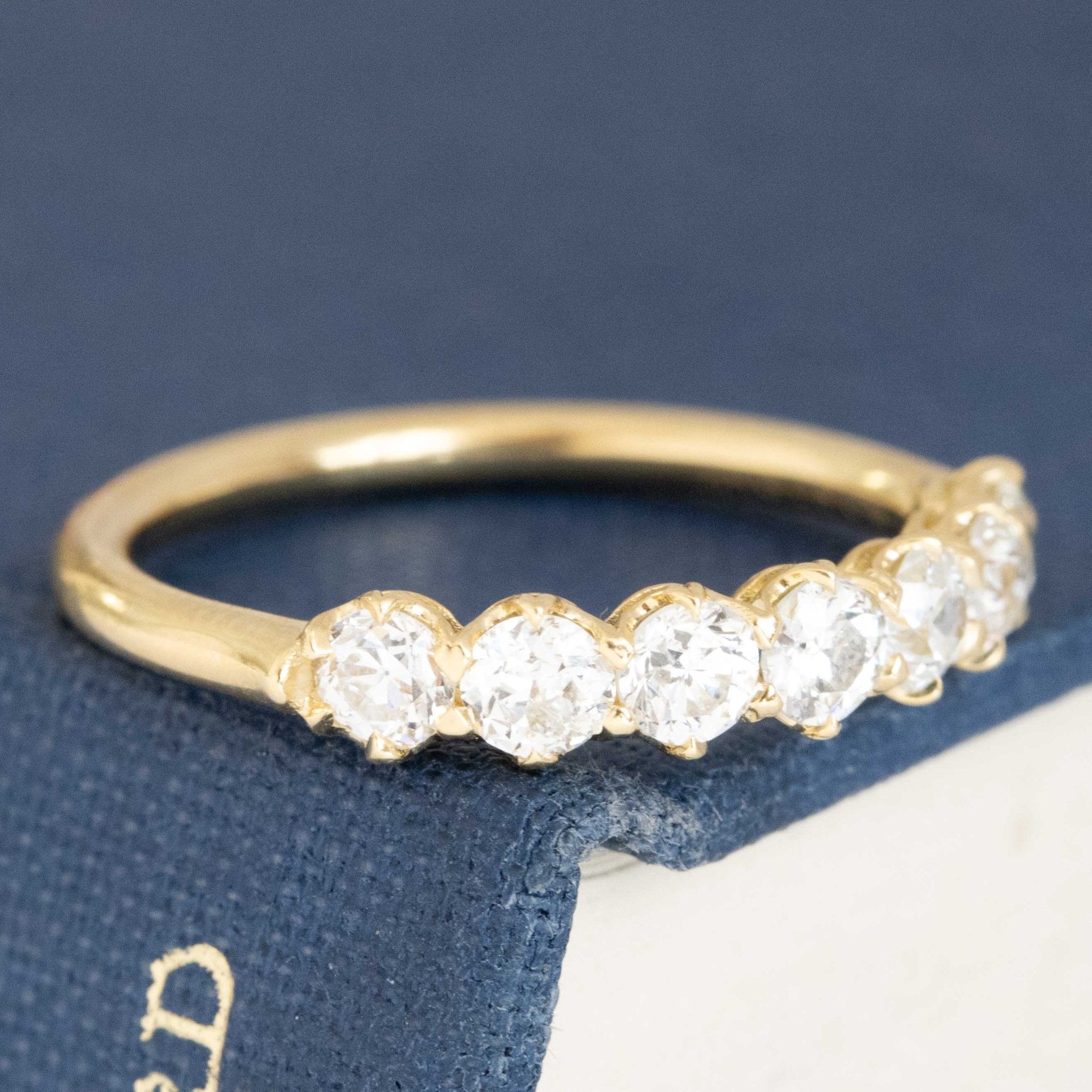 Historic style .81ctw Old European Cut Diamond Half-Hoop Band wedding band with Old European Cut Diamonds, unique heirloom in yellow gold