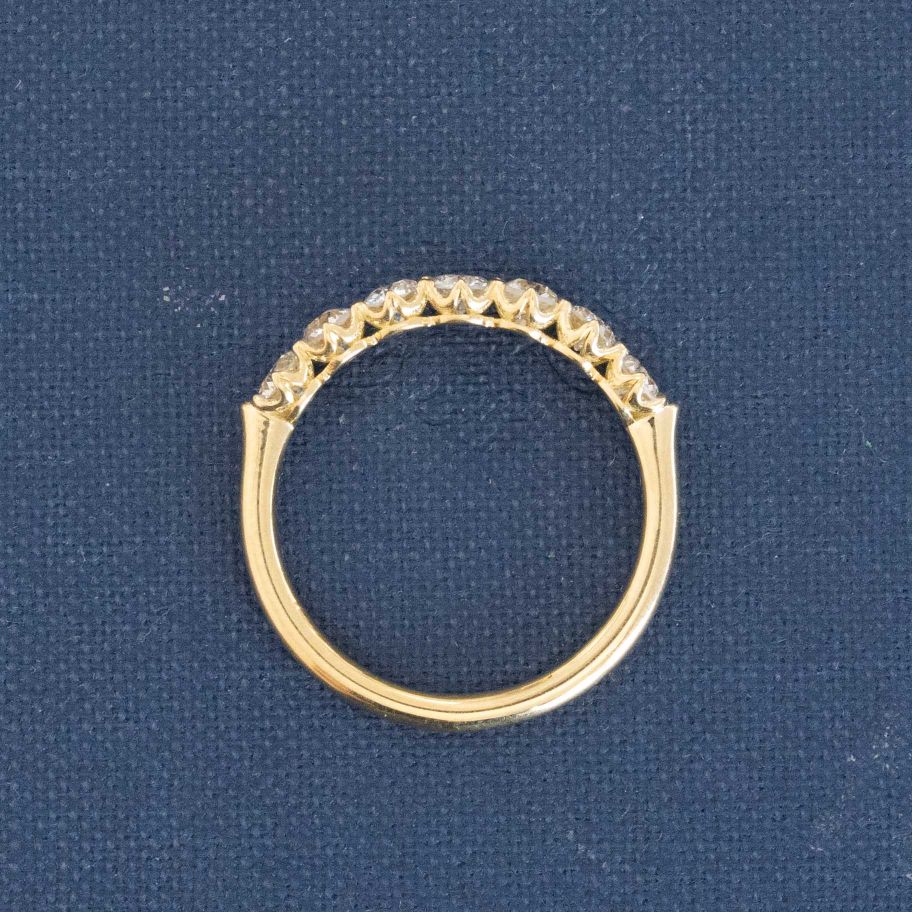 Side view of .81ctw Old European Cut Diamond Half-Hoop Band, natural Earth-mined Old European Cut Diamonds in yellow gold
