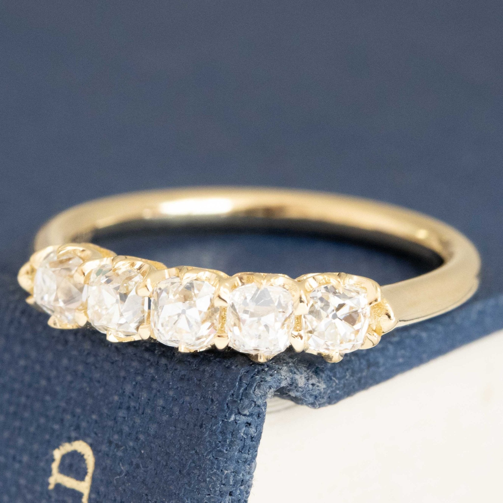 Antique lovers’ .82ctw Petite Old Mine Cut Diamond 5-Stone Band in yellow gold, featuring rare Earth-mined Old Mine Cut Diamonds