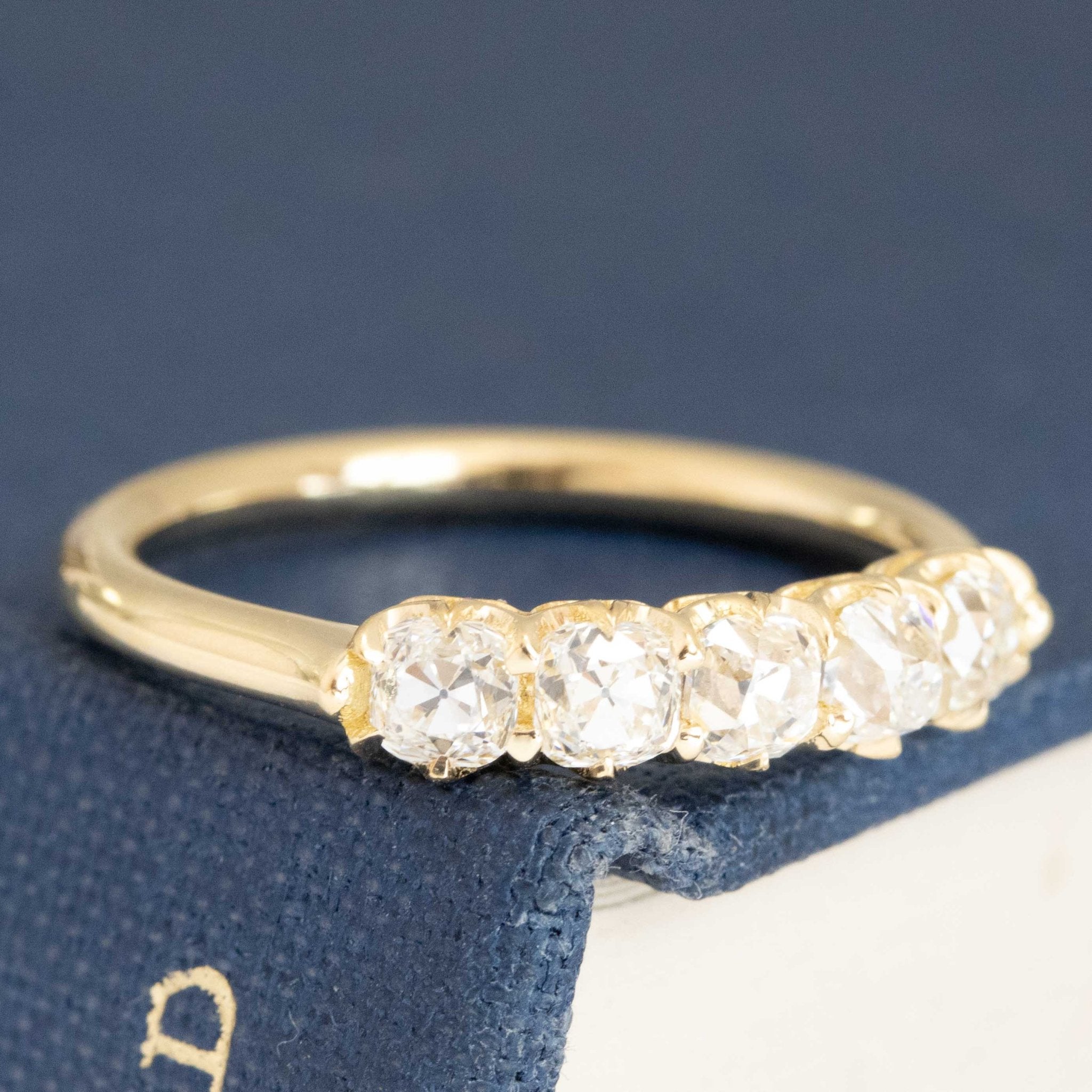 Historic style .82ctw Petite Old Mine Cut Diamond 5-Stone Band wedding band with Old Mine Cut Diamonds, unique heirloom in yellow gold