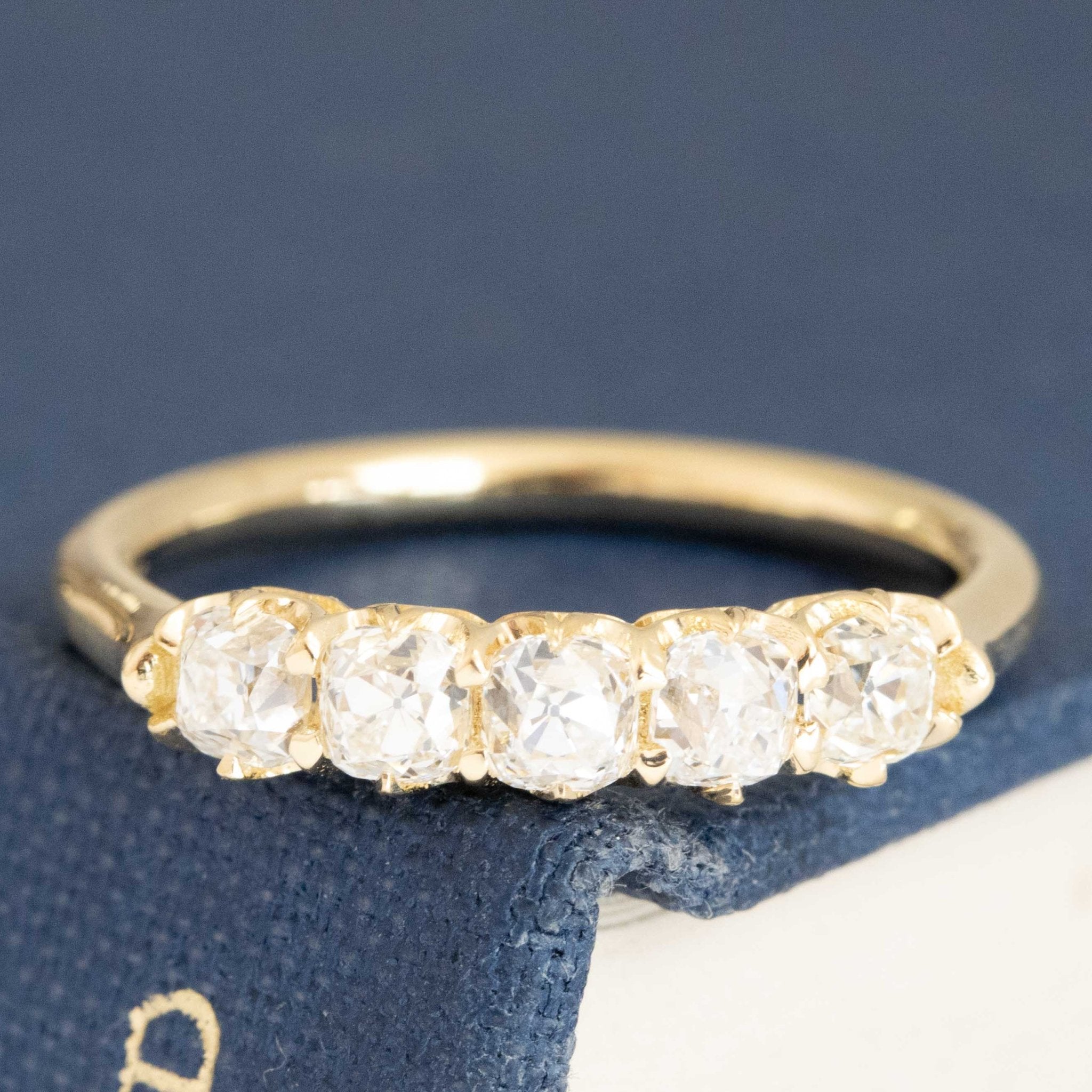 .82ctw Petite Old Mine Cut Diamond 5-Stone Band with Old Mine Cut Diamonds in yellow gold, antique-inspired one-of-a-kind wedding band