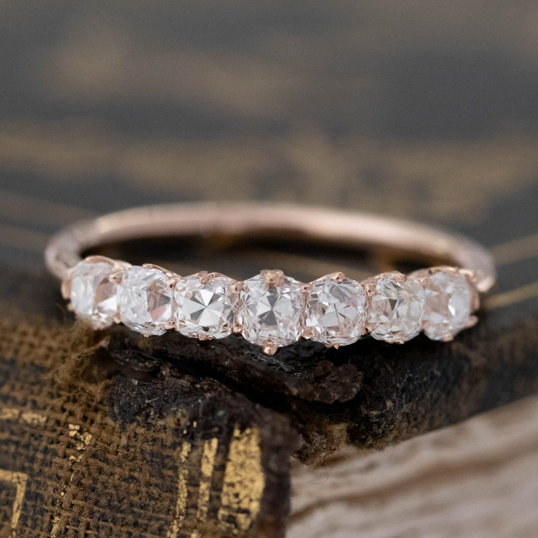 .82ctw Petite Old Mine Cut Diamond 7-Stone Band with Old Mine Cut Diamonds in rose gold, antique-inspired one-of-a-kind wedding band