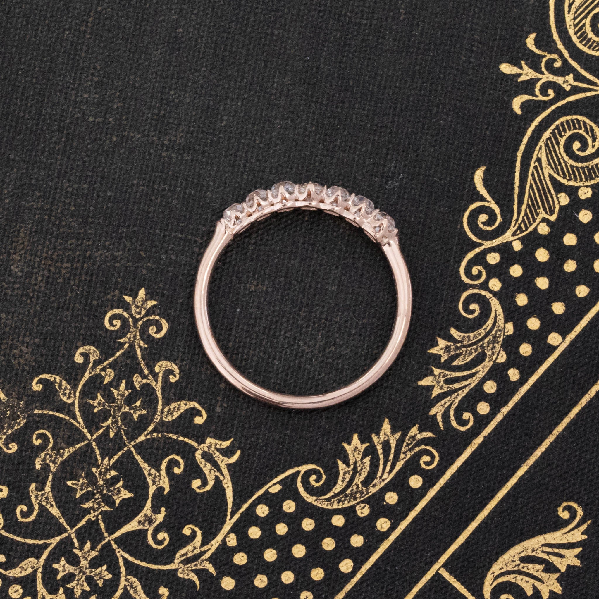 Side view of .82ctw Petite Old Mine Cut Diamond 7-Stone Band, vintage-inspired band with Old Mine Cut Diamonds, crafted in rose gold