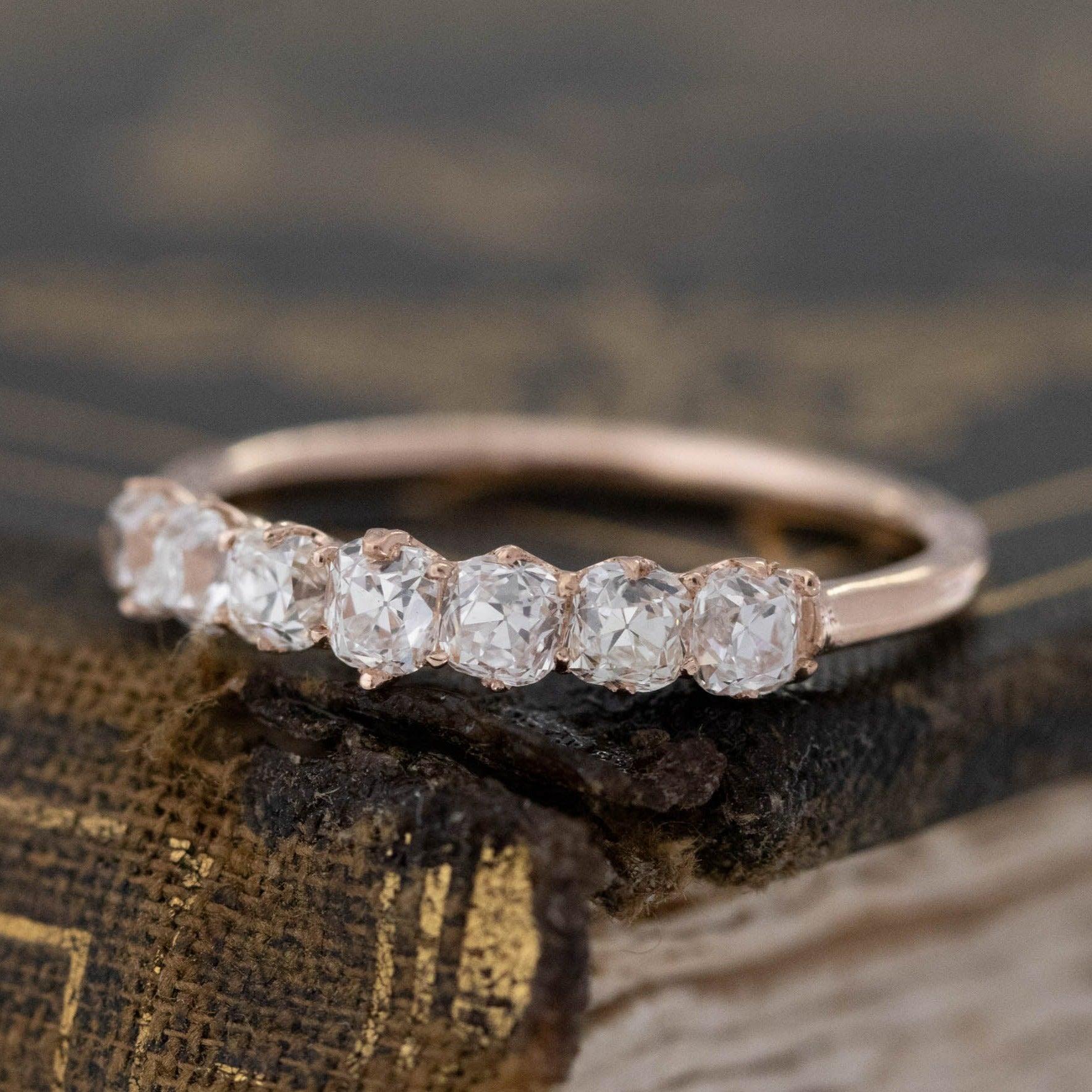 Antique lovers’ .82ctw Petite Old Mine Cut Diamond 7-Stone Band in rose gold, featuring rare Earth-mined Old Mine Cut Diamonds