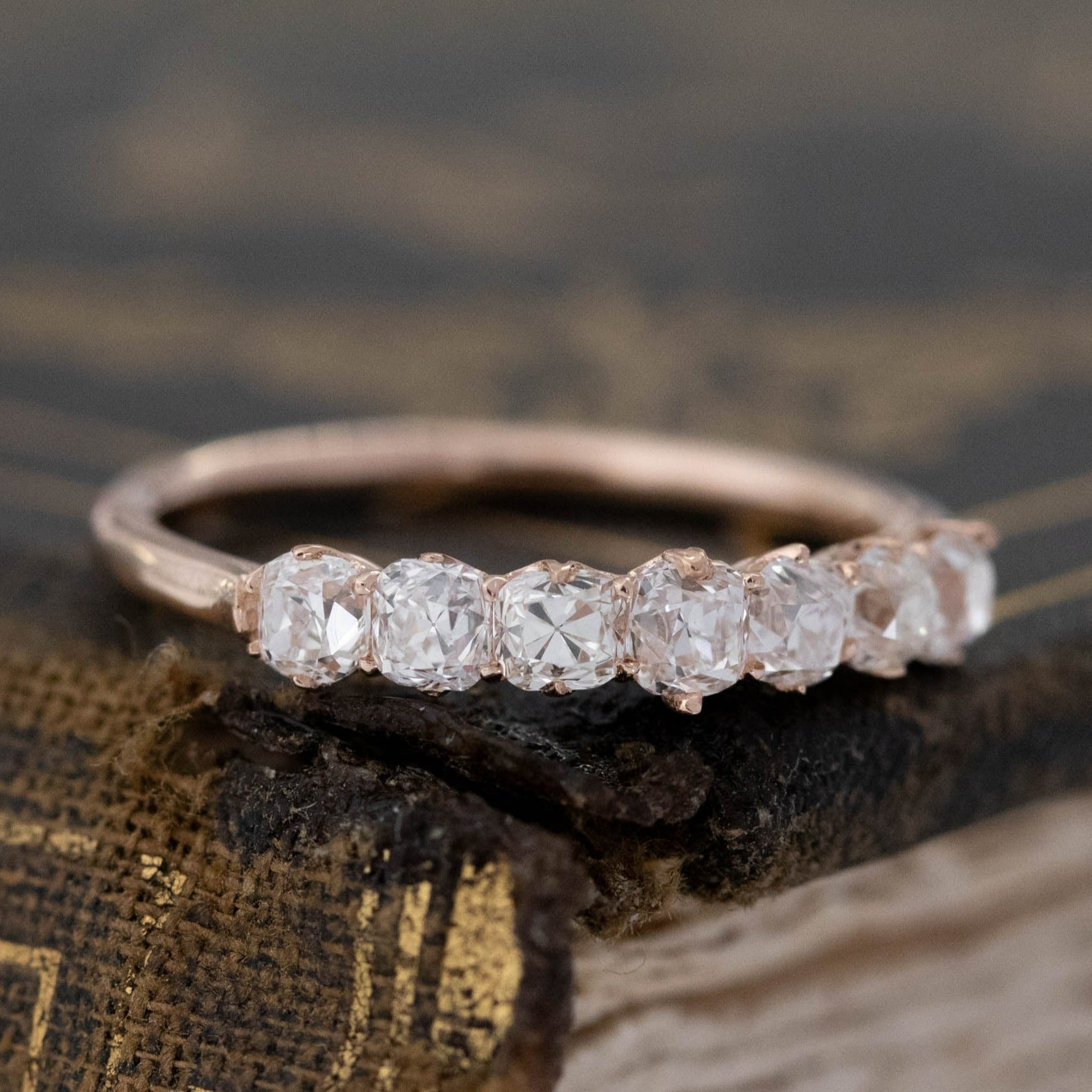 Historic style .82ctw Petite Old Mine Cut Diamond 7-Stone Band wedding band with Old Mine Cut Diamonds, unique heirloom in rose gold