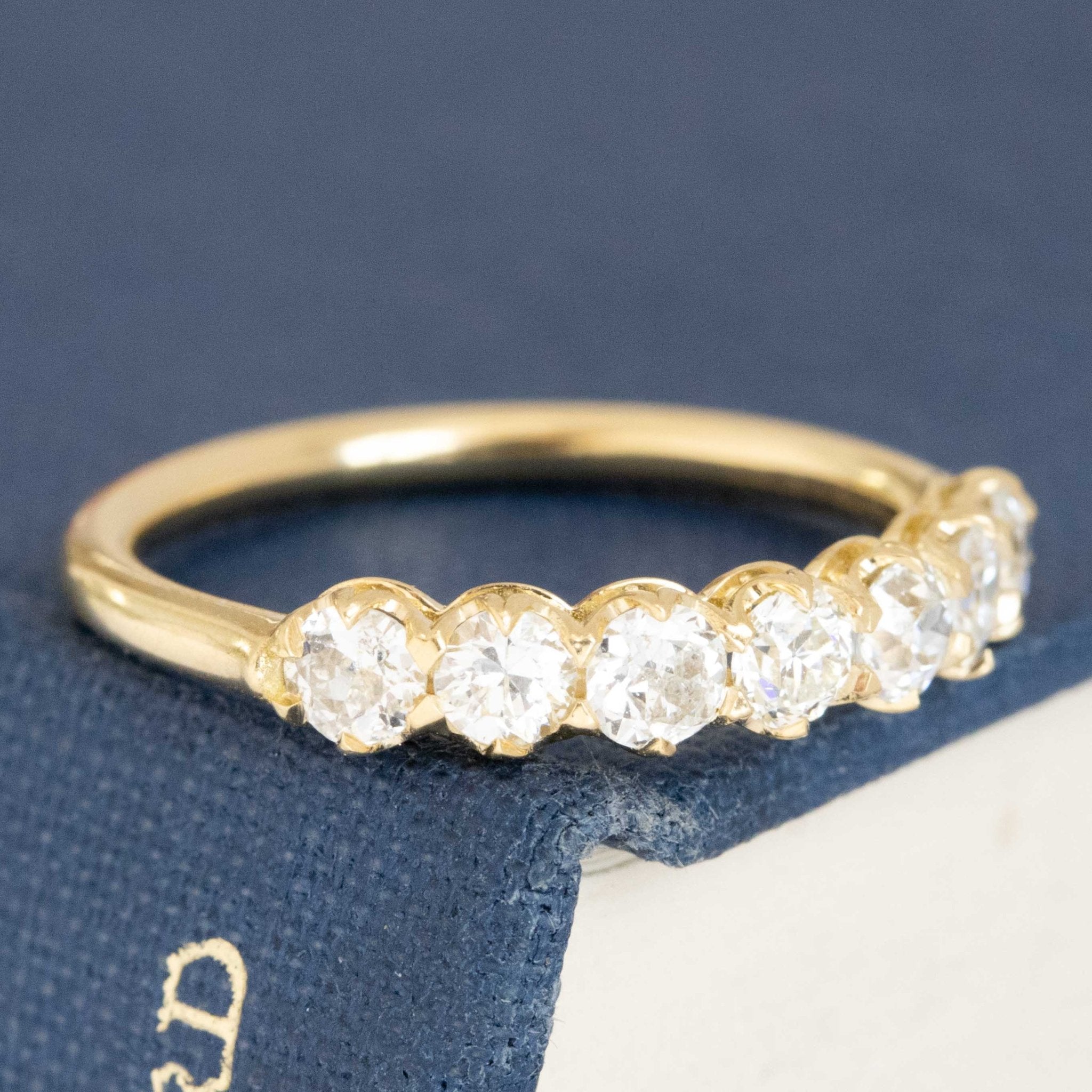 Historic style .83ctw Old European Cut Diamond Half-Hoop Band wedding band with Old European Cut Diamonds, unique heirloom in yellow gold