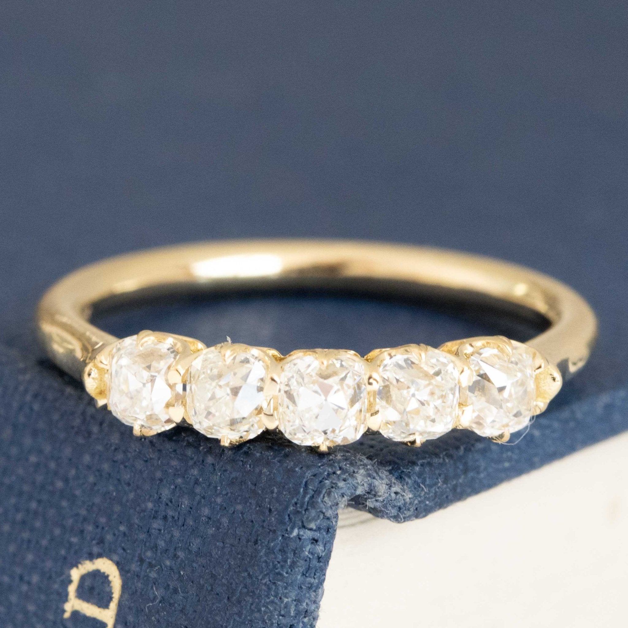 .83ctw Petite Old Mine Cut Diamond 5-Stone Band with Old Mine Cut Diamonds in yellow gold, antique-inspired one-of-a-kind wedding band