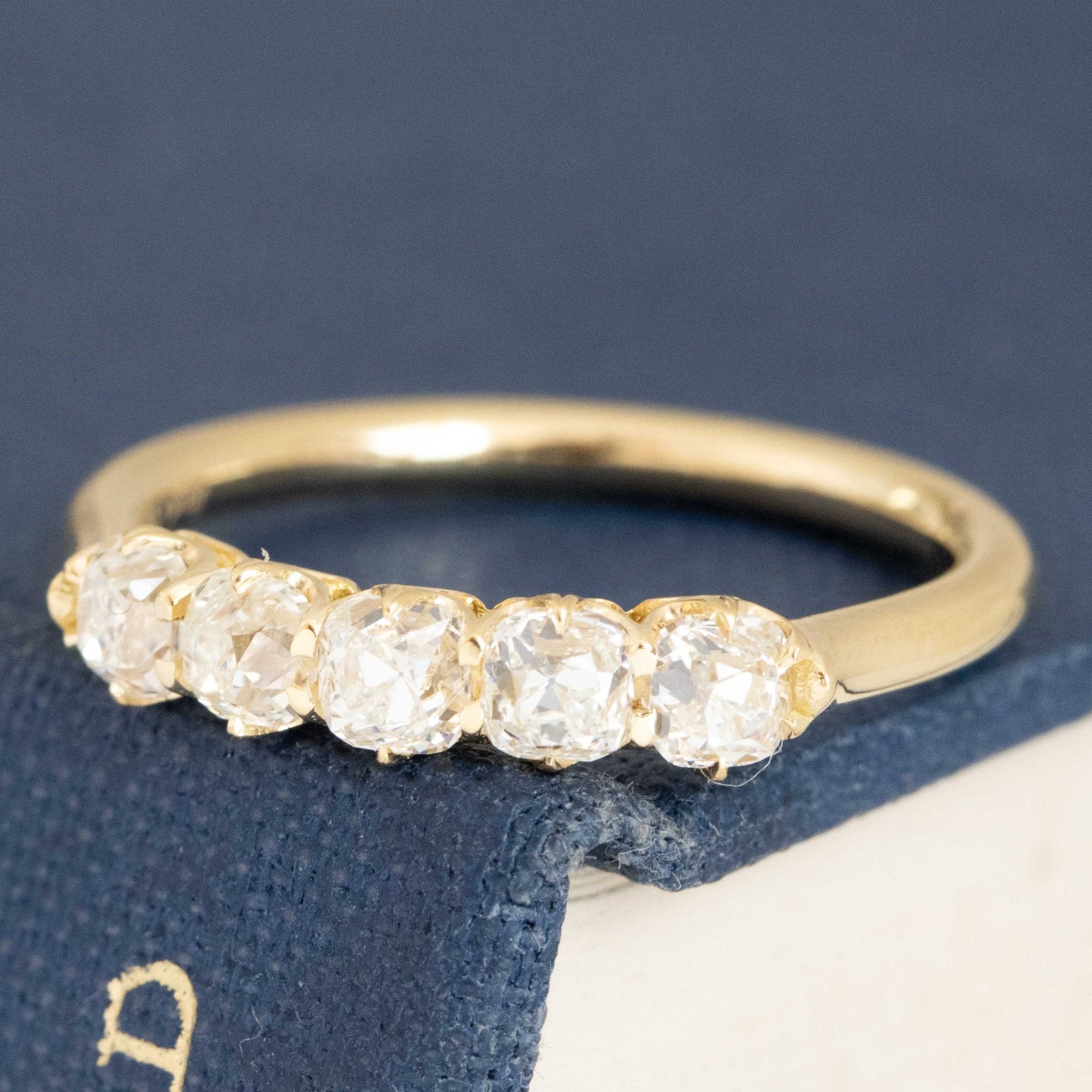 Antique lovers’ .83ctw Petite Old Mine Cut Diamond 5-Stone Band in yellow gold, featuring rare Earth-mined Old Mine Cut Diamonds