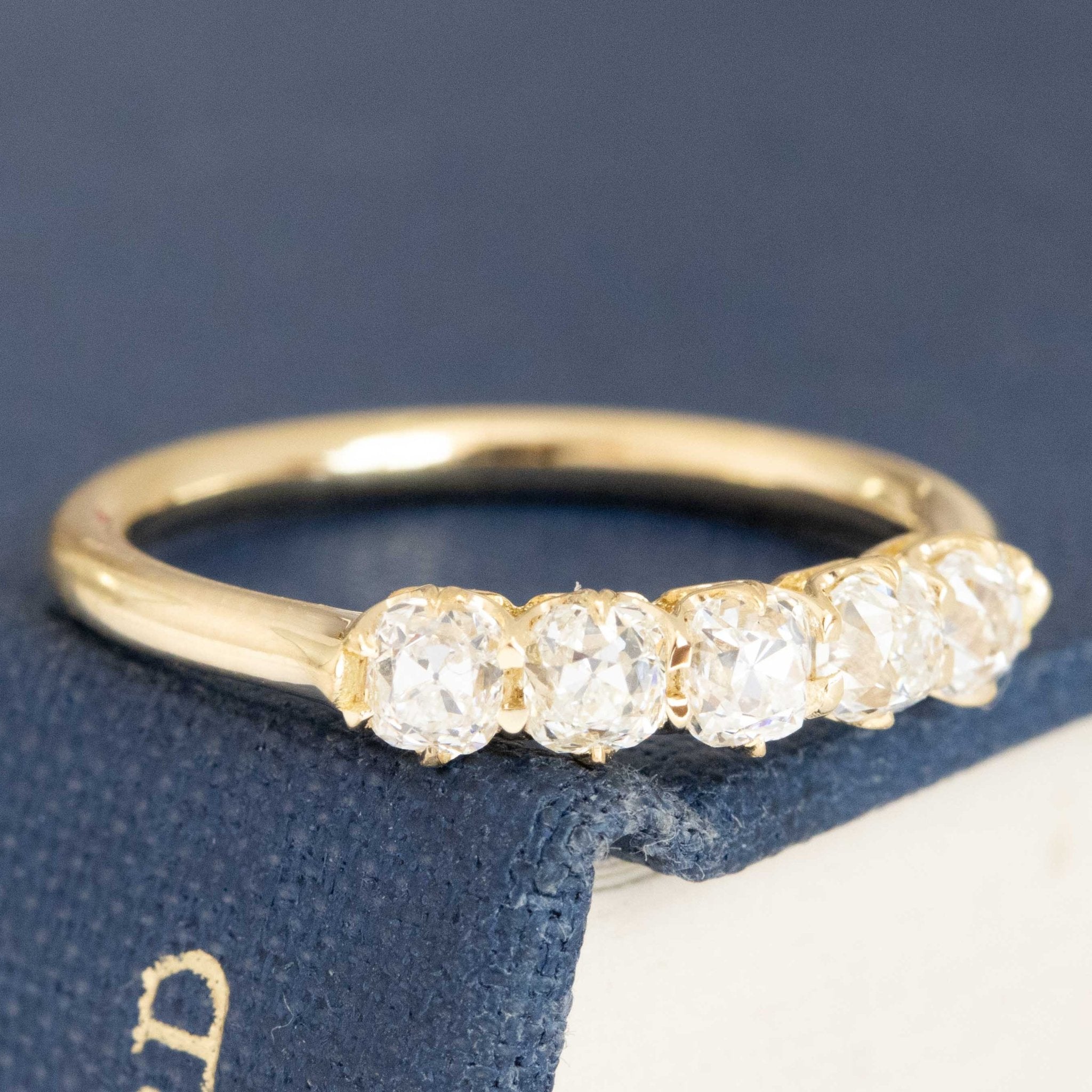 Historic style .83ctw Petite Old Mine Cut Diamond 5-Stone Band wedding band with Old Mine Cut Diamonds, unique heirloom in yellow gold