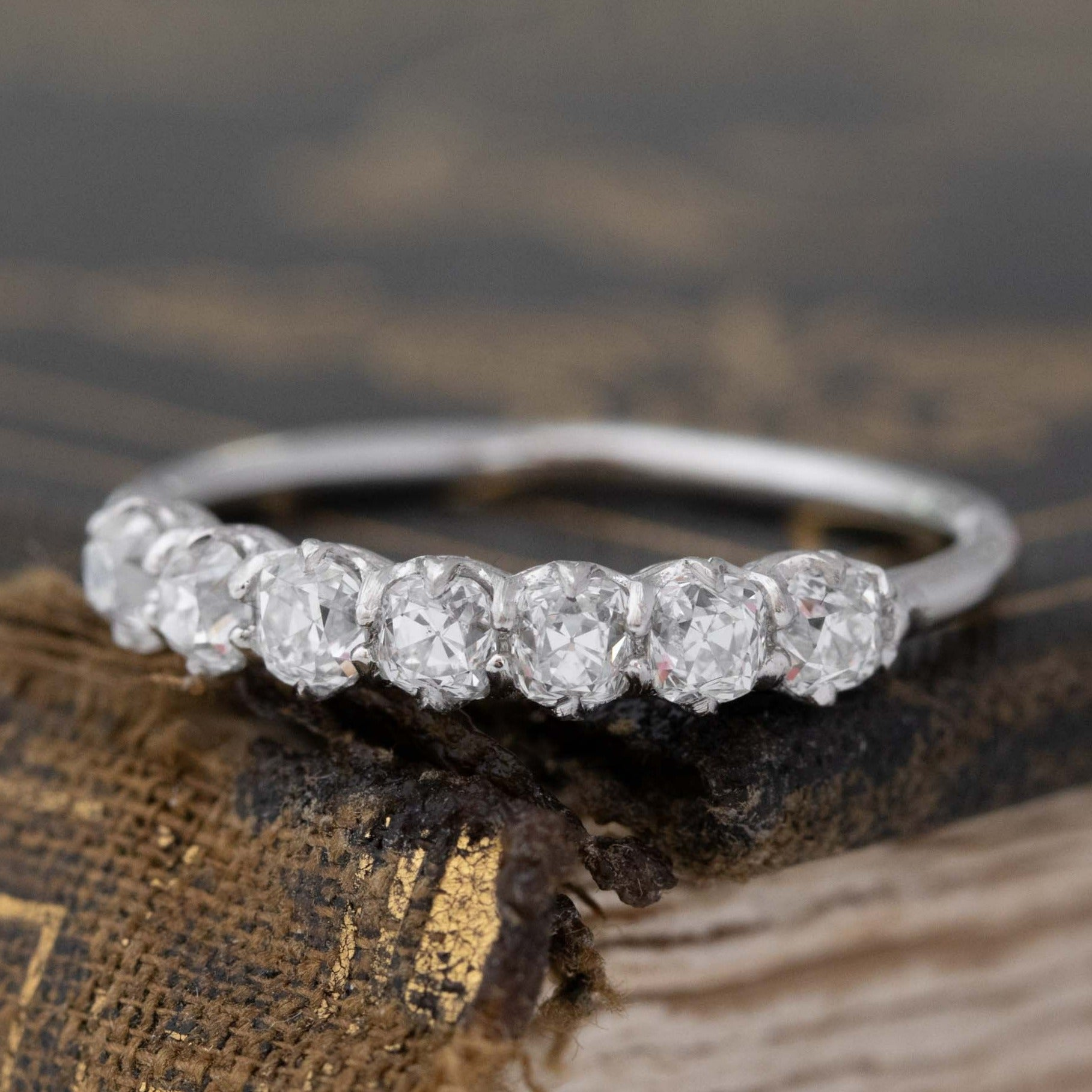 Antique lovers’ .83ctw Petite Old Mine Cut Diamond 7-Stone Band in platinum, featuring rare Earth-mined Old Mine Cut Diamonds