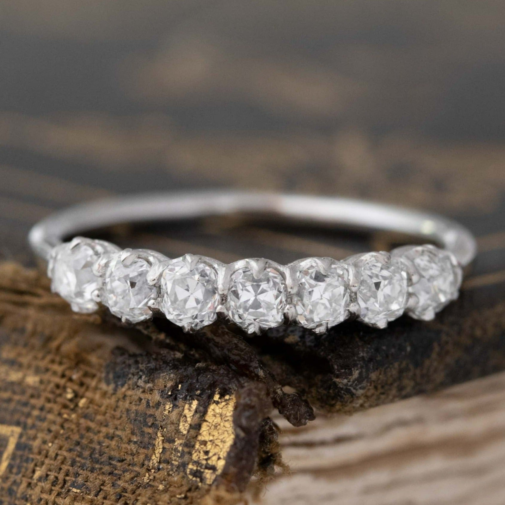 .83ctw Petite Old Mine Cut Diamond 7-Stone Band with Old Mine Cut Diamonds in platinum, antique-inspired one-of-a-kind wedding band