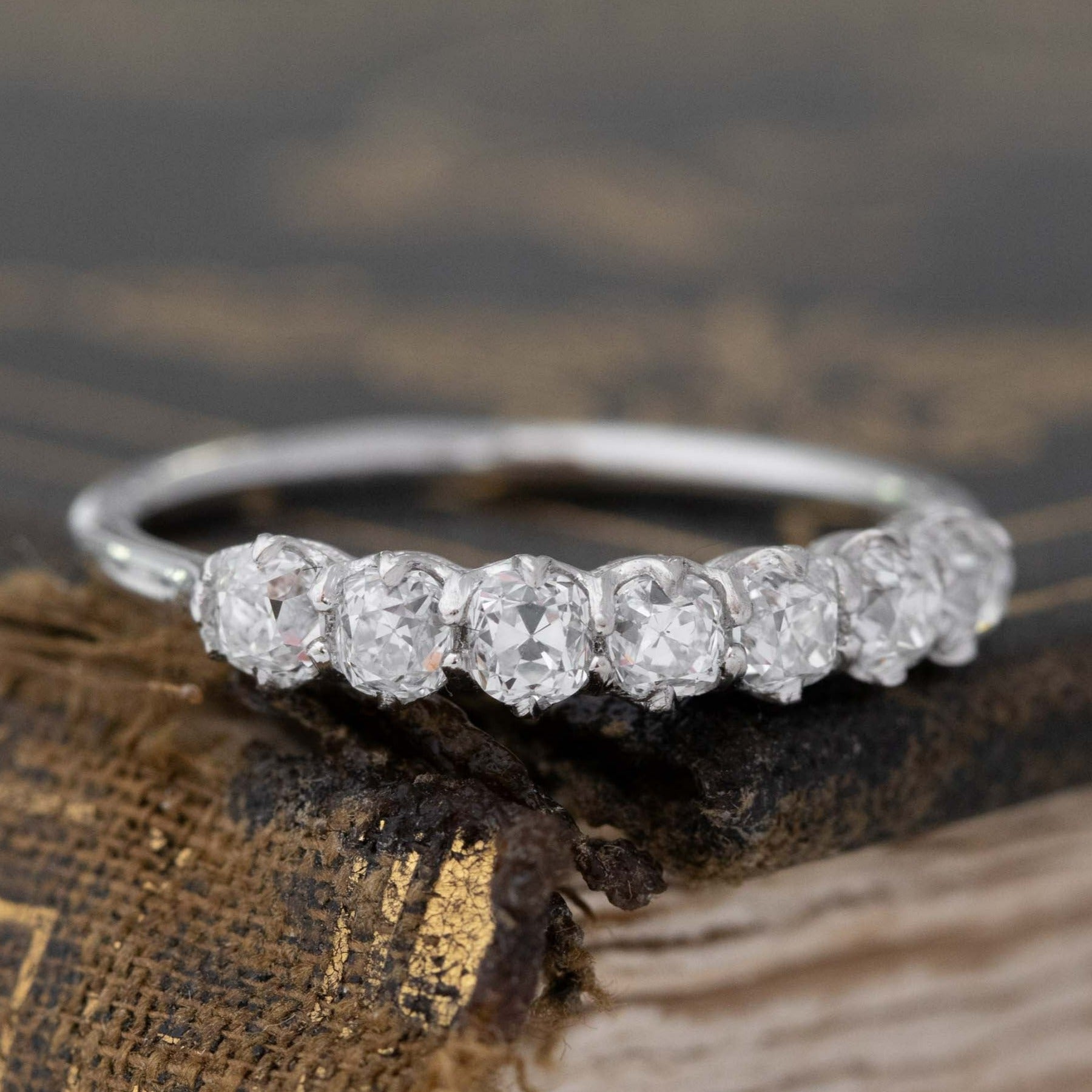 Historic style .83ctw Petite Old Mine Cut Diamond 7-Stone Band wedding band with Old Mine Cut Diamonds, unique heirloom in platinum