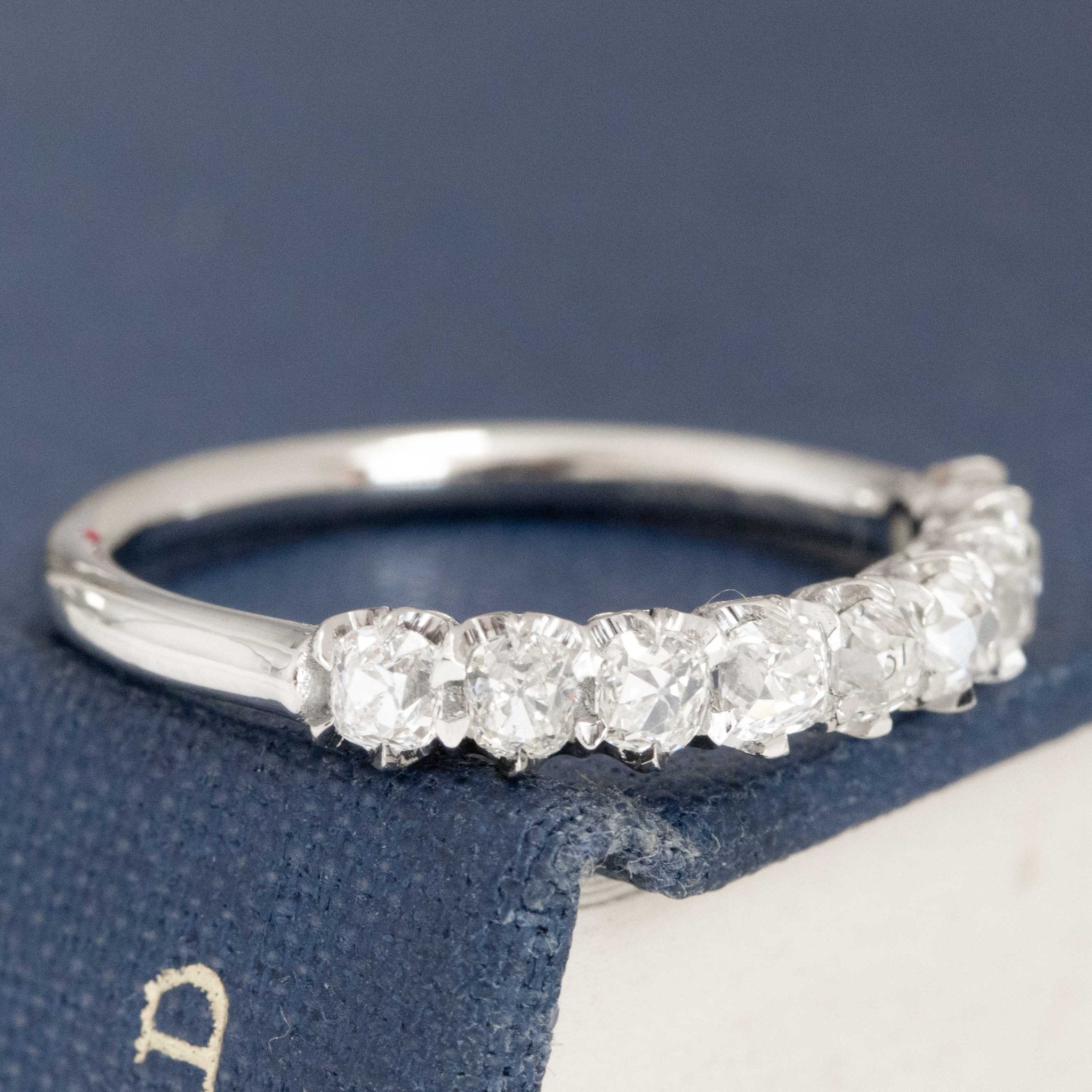 Historic style .83ctw Petite Old Mine Cut Diamond Half-Hoop Band wedding band with Old Mine Cut Diamonds, unique heirloom in platinum