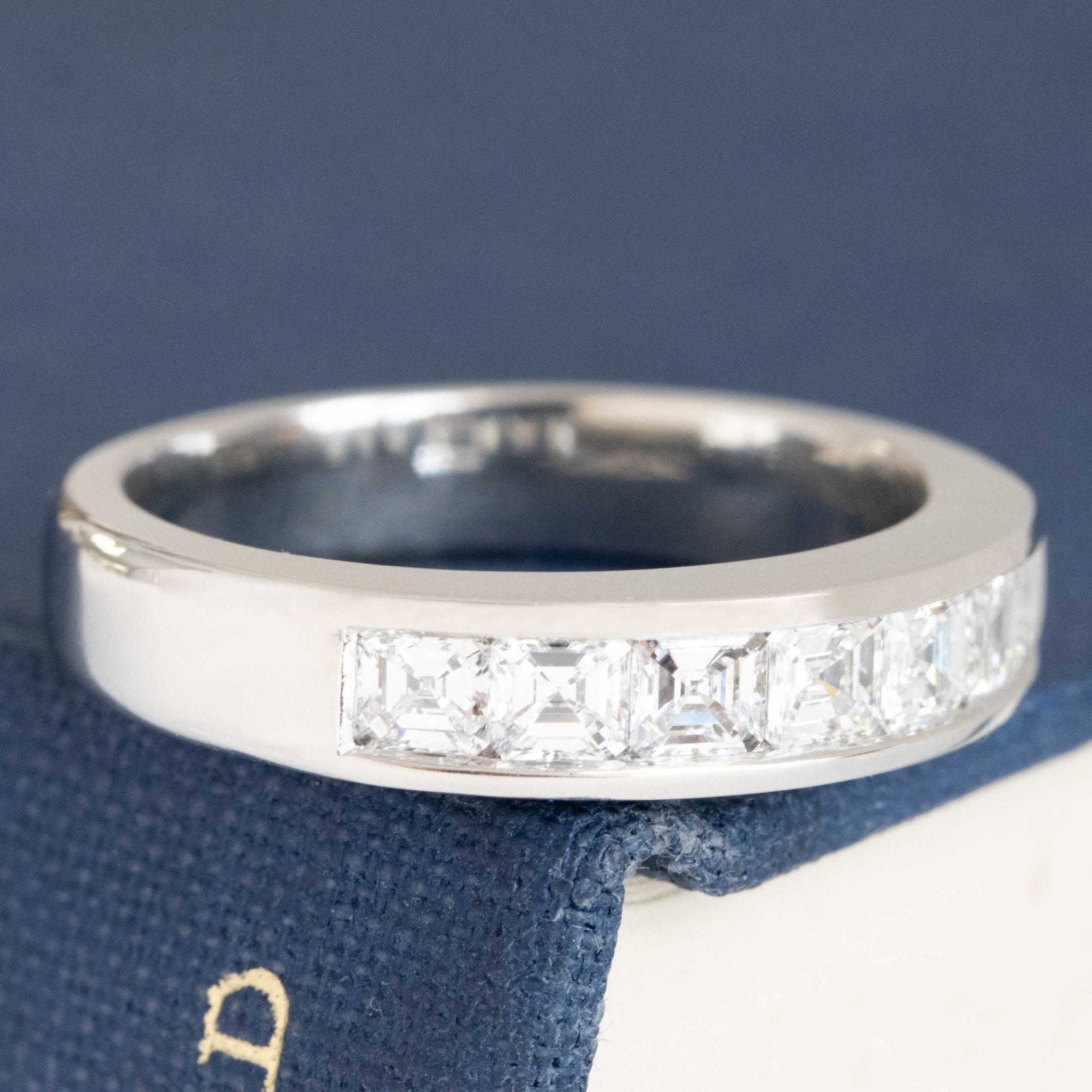Historic style .85ctw Asscher Cut Diamond Channel Set Band wedding band with Antique Diamonds, unique heirloom in platinum