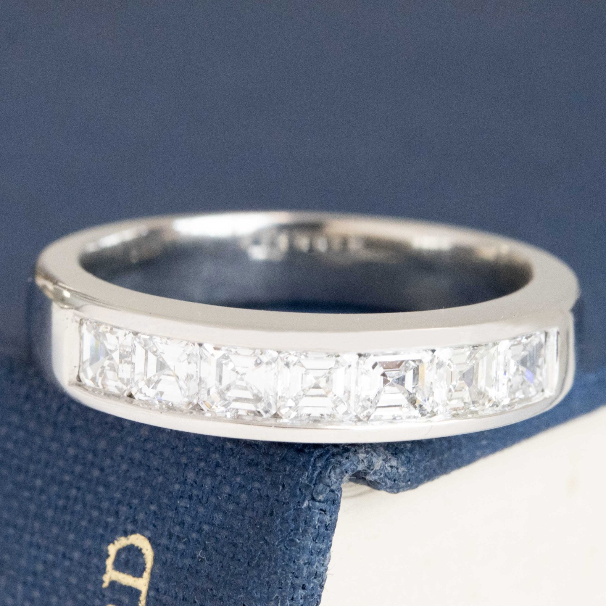 .85ctw Asscher Cut Diamond Channel Set Band with Antique Diamonds in platinum, antique-inspired one-of-a-kind wedding band