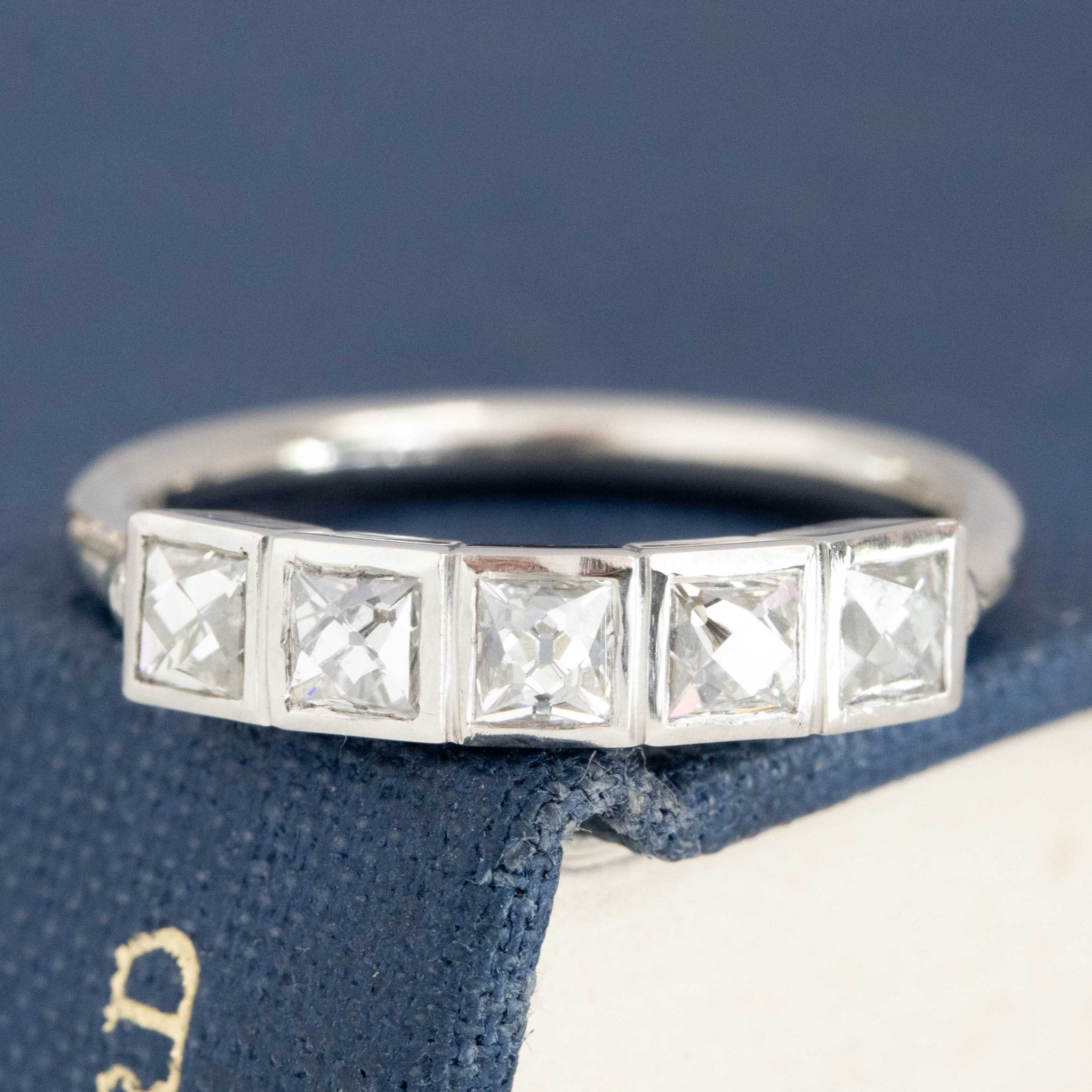 .85ctw French Cut Diamond 5-Stone Bezel Band with French Cut Diamonds in platinum, antique-inspired one-of-a-kind wedding band