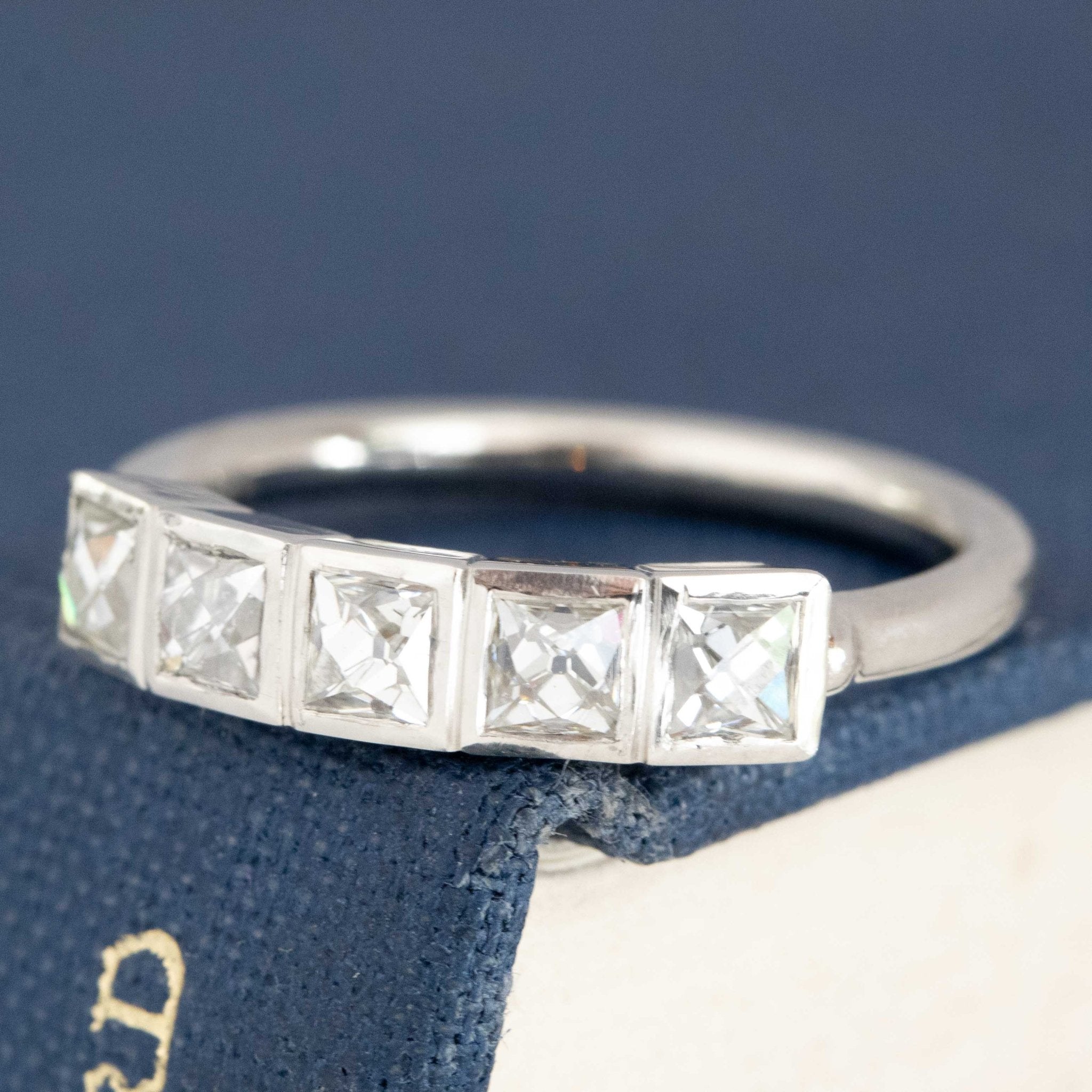 Antique lovers’ .85ctw French Cut Diamond 5-Stone Bezel Band in platinum, featuring rare Earth-mined French Cut Diamonds