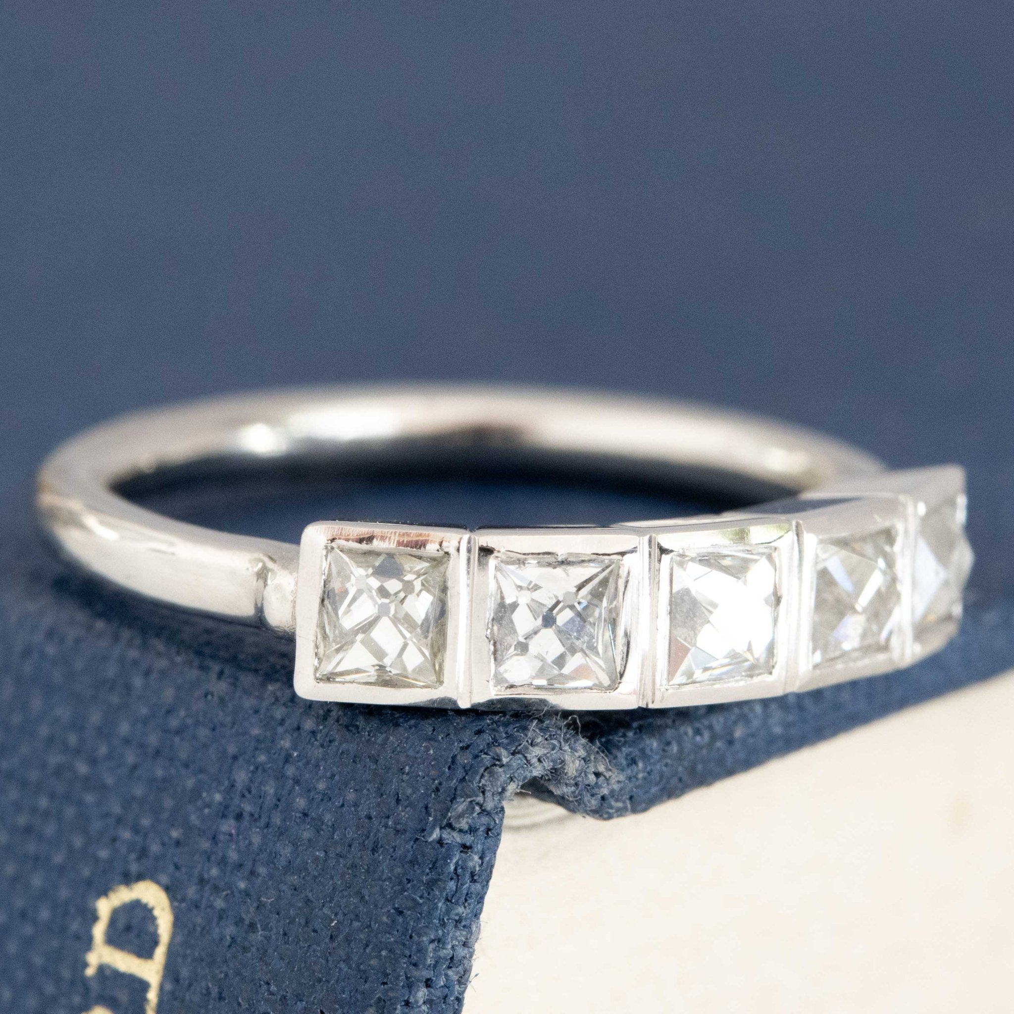 Historic style .85ctw French Cut Diamond 5-Stone Bezel Band wedding band with French Cut Diamonds, unique heirloom in platinum