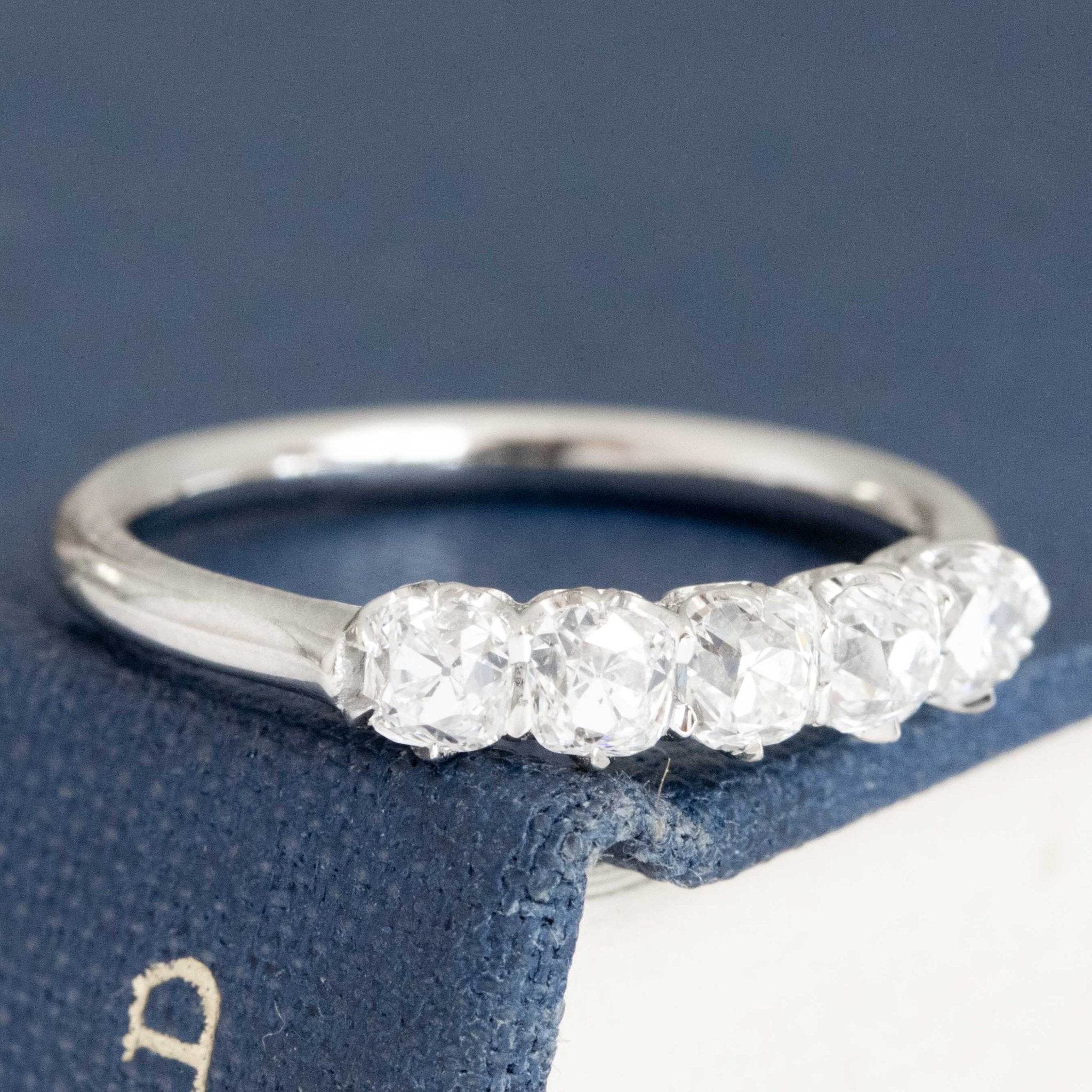 Historic style .85ctw Petite Old Mine Cut Diamond 5-Stone Band wedding band with Old Mine Cut Diamonds, unique heirloom in platinum