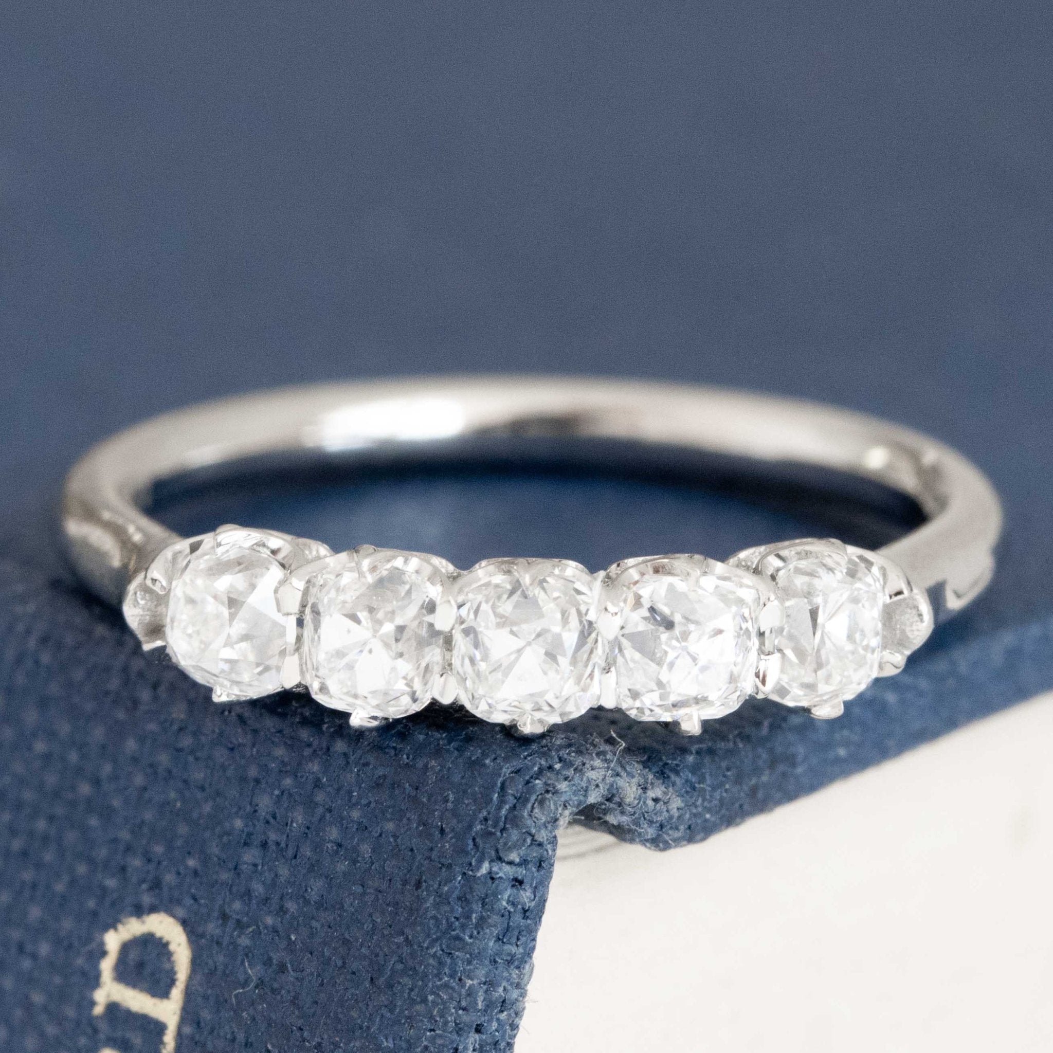 .85ctw Petite Old Mine Cut Diamond 5-Stone Band with Old Mine Cut Diamonds in platinum, antique-inspired one-of-a-kind wedding band