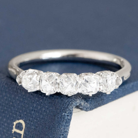 .85ctw Petite Old Mine Cut Diamond 5-Stone Band with Old Mine Cut Diamonds in platinum, antique-inspired one-of-a-kind wedding band