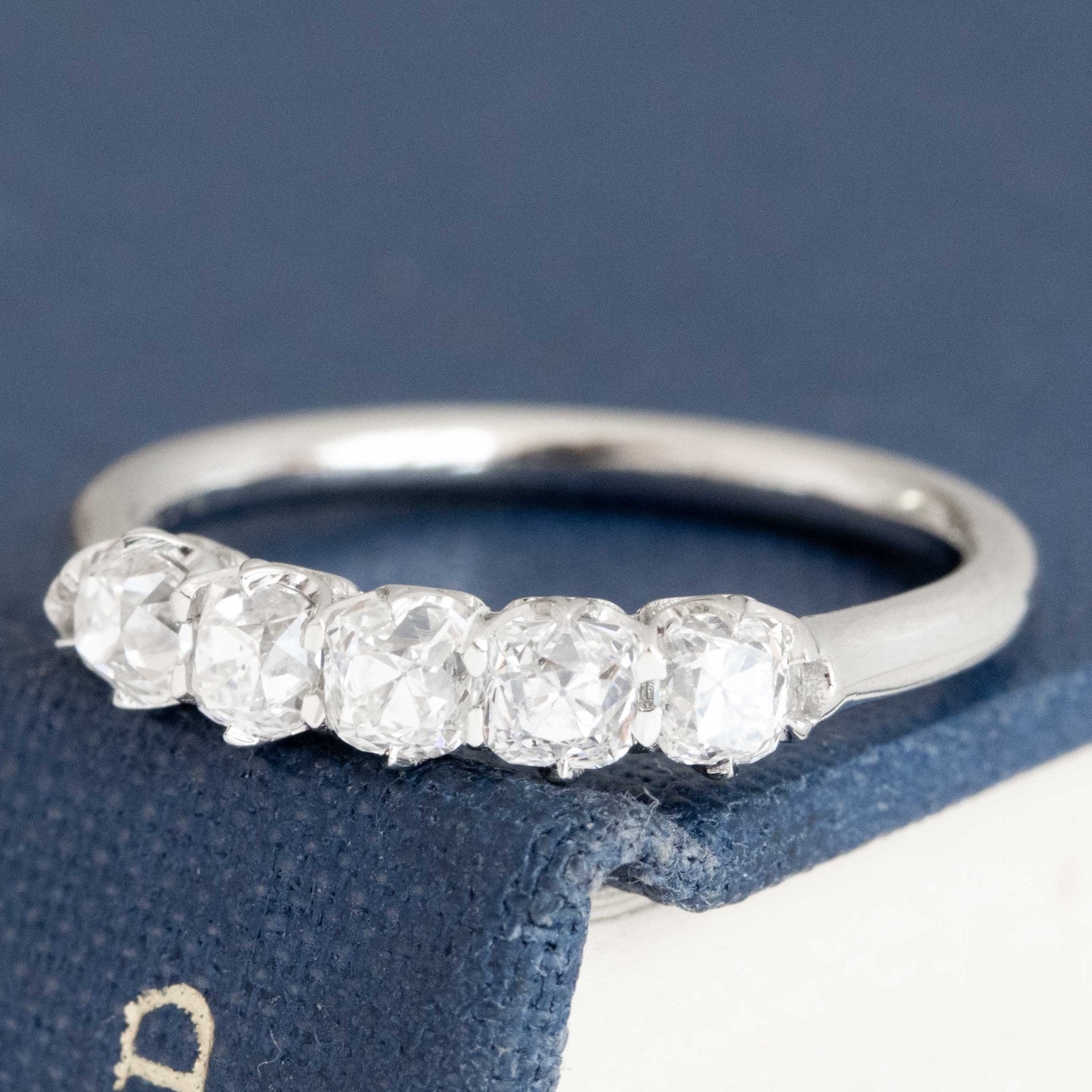 Antique lovers’ .85ctw Petite Old Mine Cut Diamond 5-Stone Band in platinum, featuring rare Earth-mined Old Mine Cut Diamonds