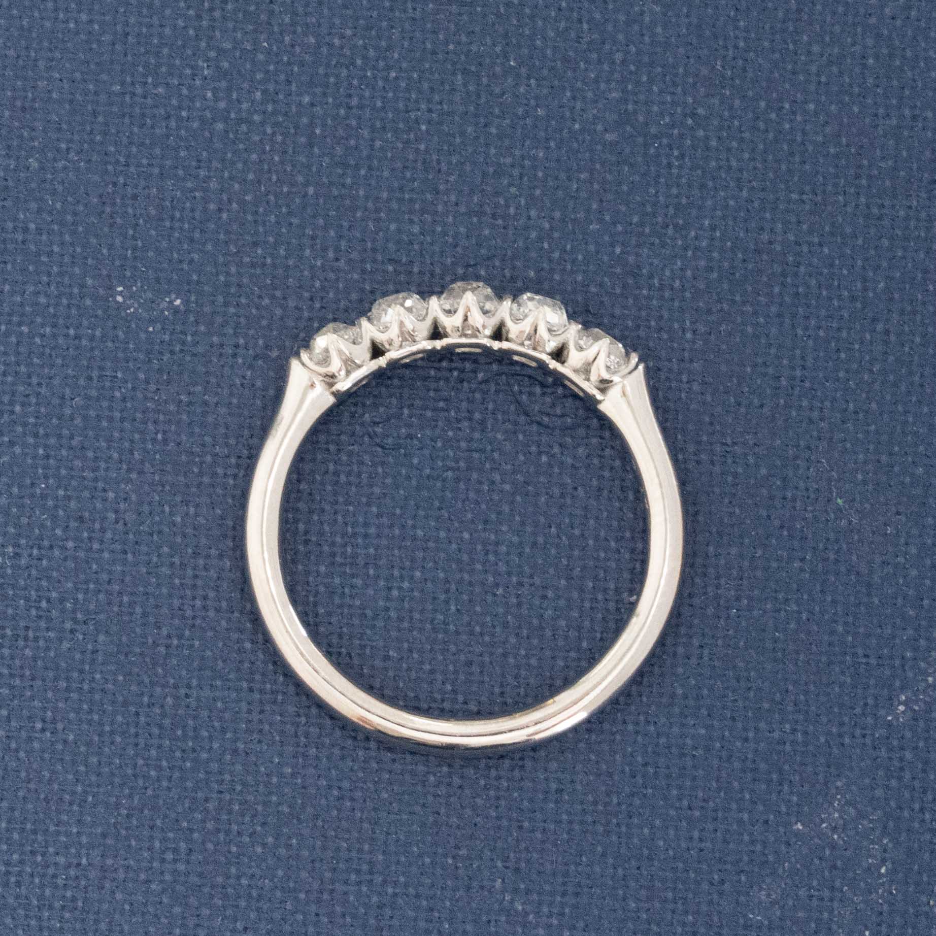 Side view of .85ctw Petite Old Mine Cut Diamond 5-Stone Band, natural Earth-mined Old Mine Cut Diamonds in platinum