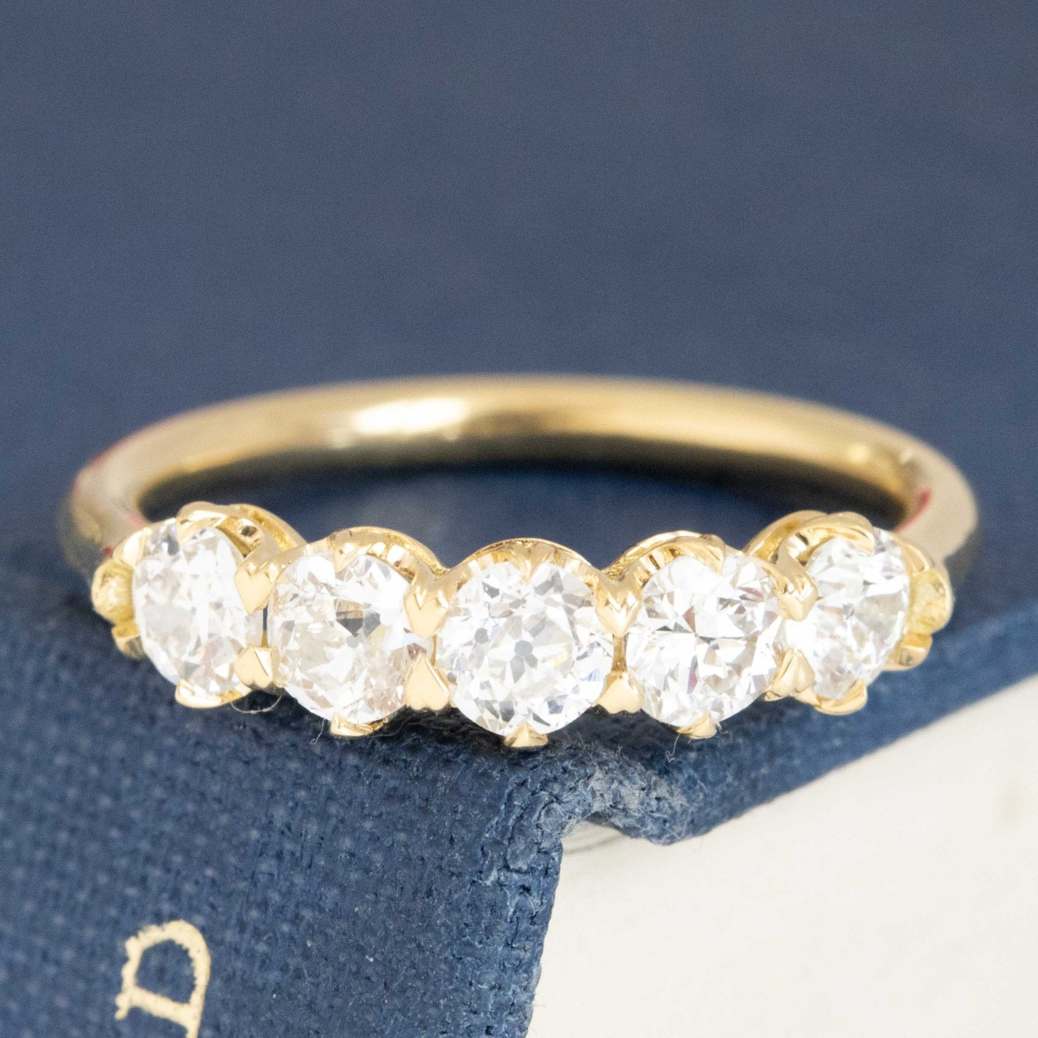 .86ctw Old European Cut Diamond 5-Stone Band with Old European Cut Diamonds in yellow gold, antique-inspired one-of-a-kind wedding band