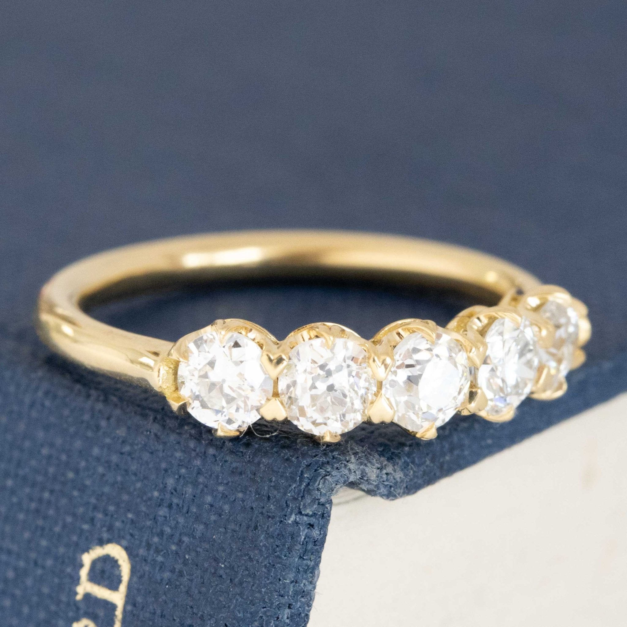 Historic style .86ctw Old European Cut Diamond 5-Stone Band wedding band with Old European Cut Diamonds, unique heirloom in yellow gold