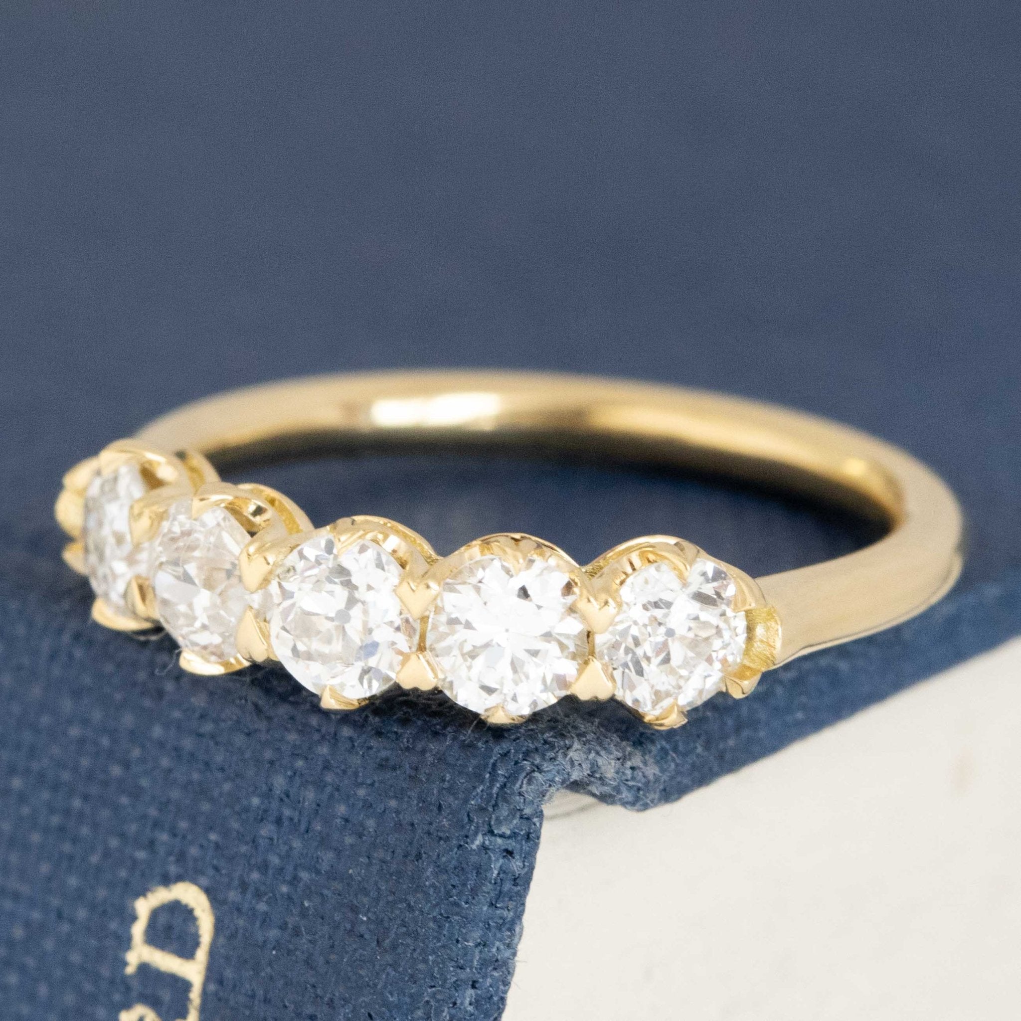 Antique lovers’ .86ctw Old European Cut Diamond 5-Stone Band in yellow gold, featuring rare Earth-mined Old European Cut Diamonds