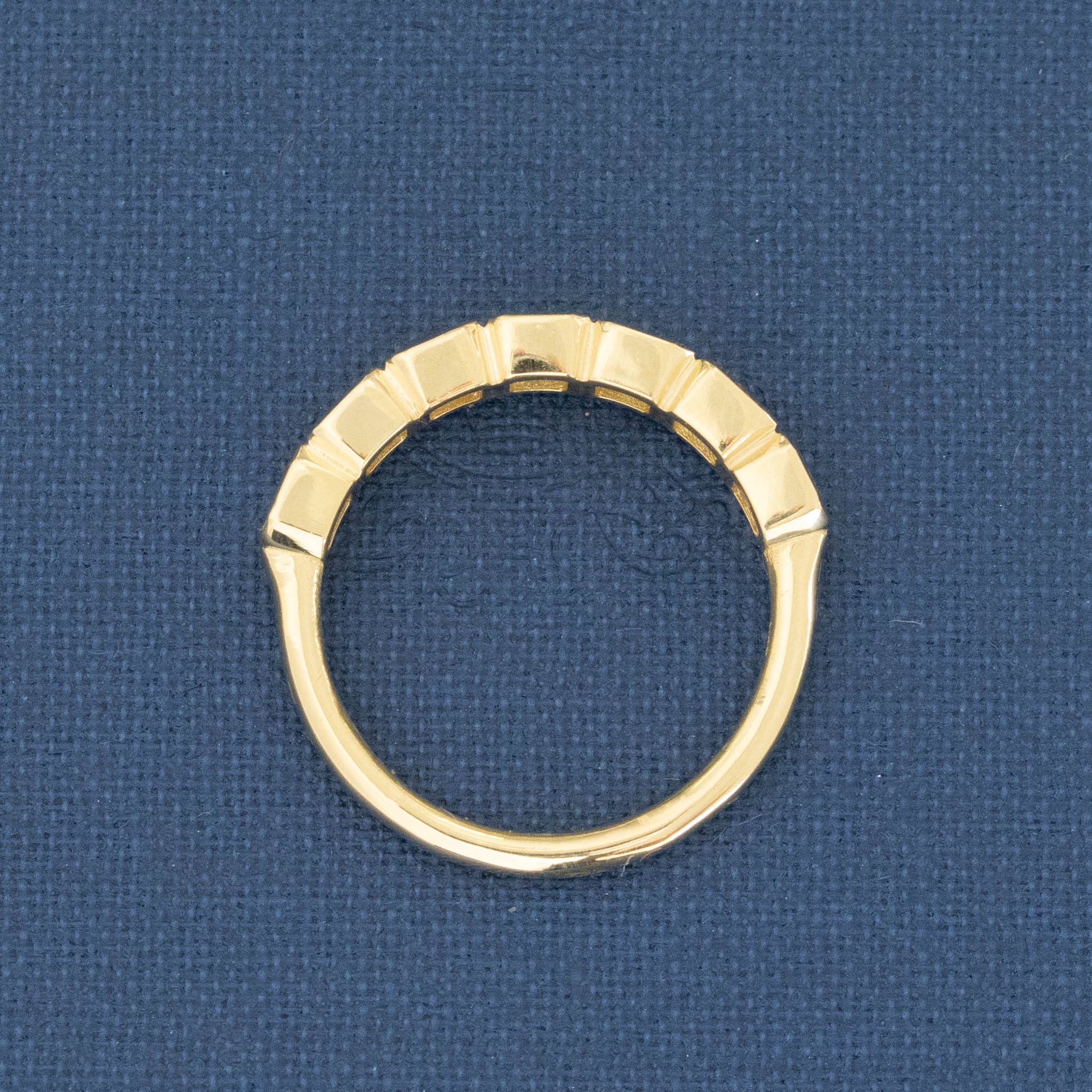 Side view of .87ctw Asscher Cut Diamond Bezel Half-Hoop Band, vintage-inspired band with Antique Diamonds, crafted in yellow gold