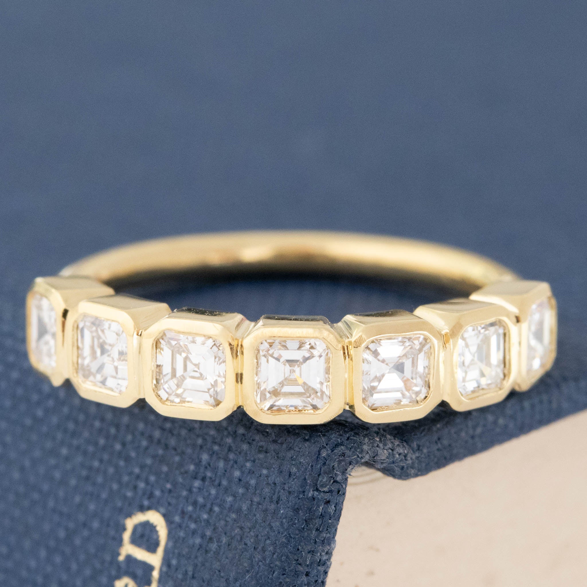 .87ctw Asscher Cut Diamond Bezel Half-Hoop Band with Antique Diamonds in yellow gold, antique-inspired one-of-a-kind wedding band
