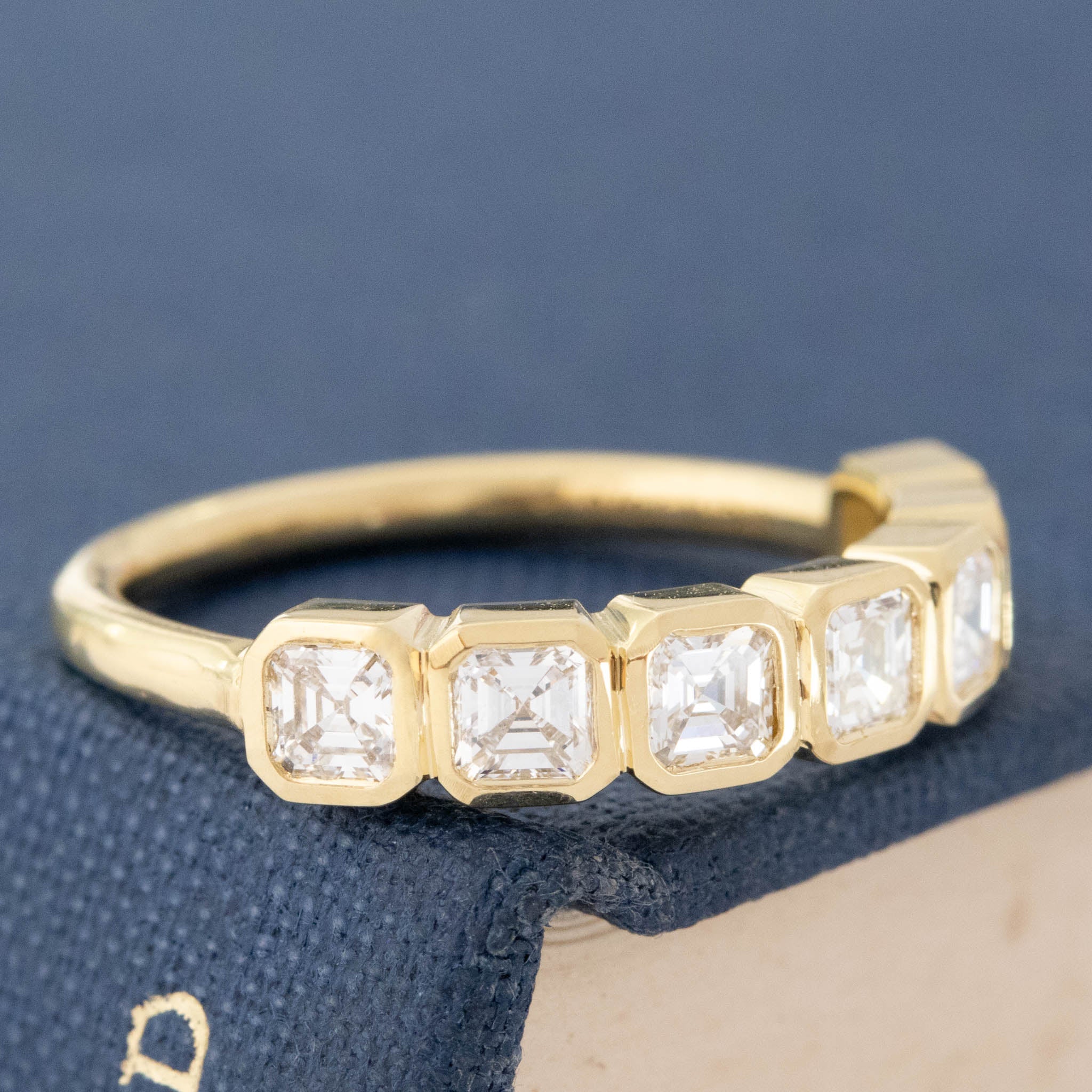 Historic style .87ctw Asscher Cut Diamond Bezel Half-Hoop Band wedding band with Antique Diamonds, unique heirloom in yellow gold