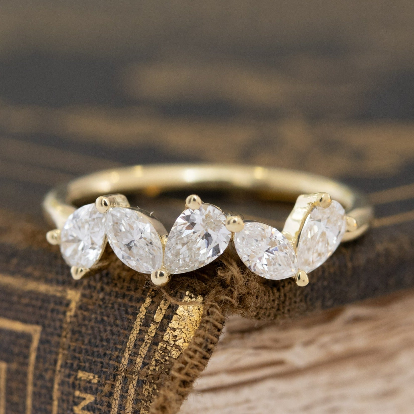 .87ctw Mixed Pear & Marquise Cut Diamond 5-Stone Band with Antique Diamonds in yellow gold, antique-inspired one-of-a-kind wedding band