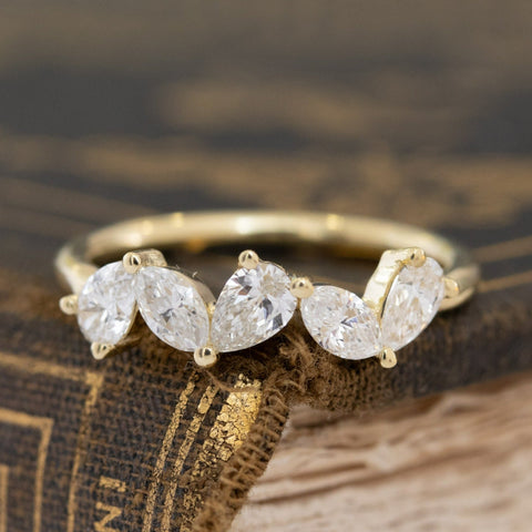 .87ctw Mixed Pear & Marquise Cut Diamond 5-Stone Band with Antique Diamonds in yellow gold, antique-inspired one-of-a-kind wedding band
