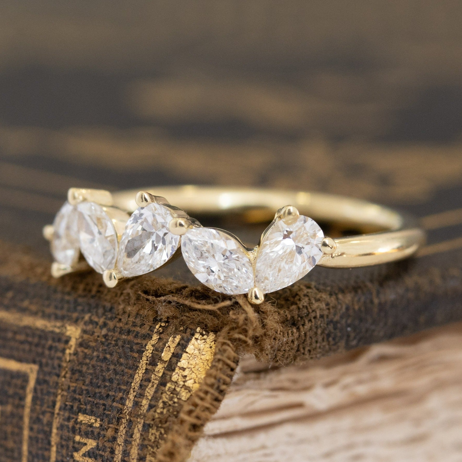 Antique lovers’ .87ctw Mixed Pear & Marquise Cut Diamond 5-Stone Band in yellow gold, featuring rare Earth-mined Antique Diamonds