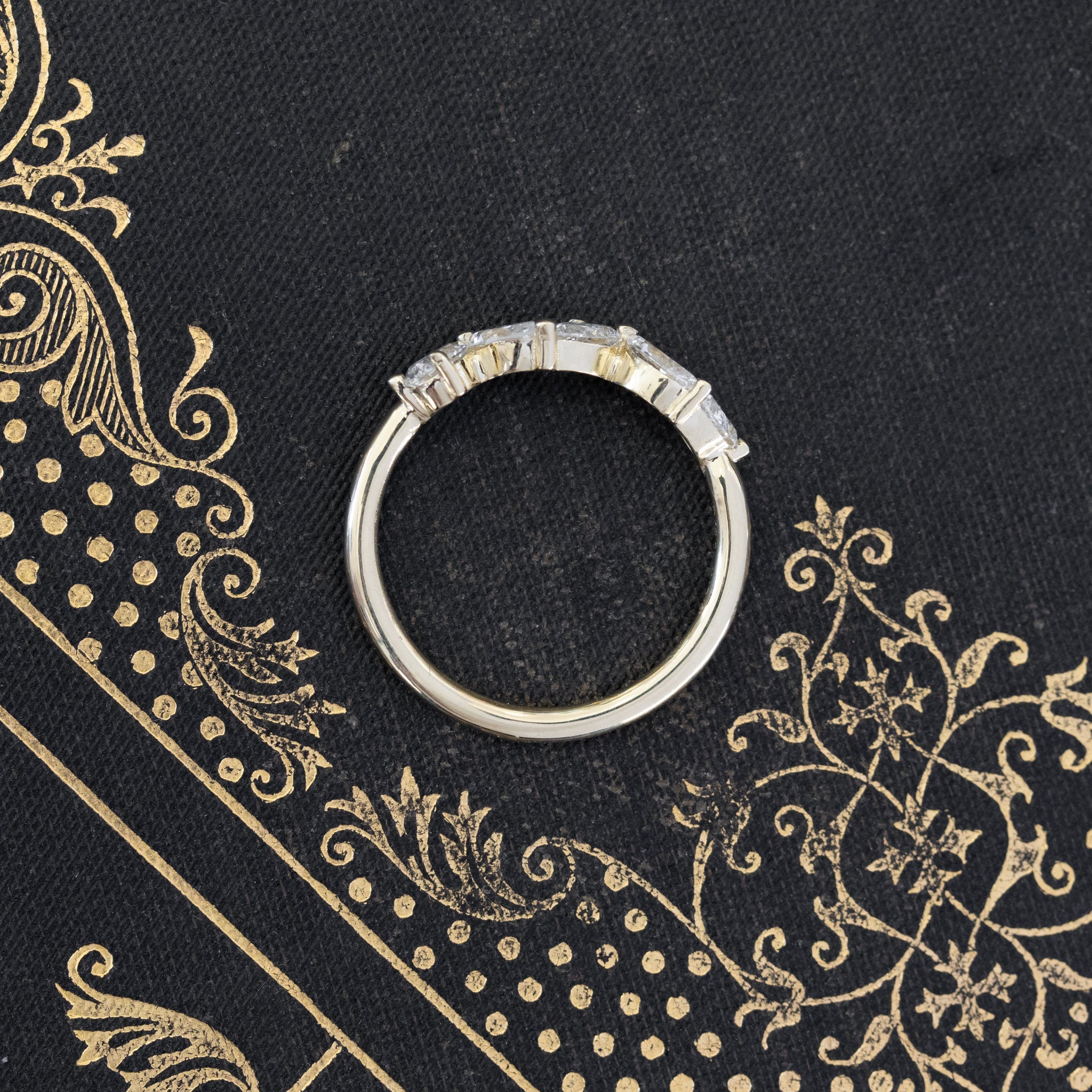 Side view of .87ctw Mixed Pear & Marquise Cut Diamond 5-Stone Band, vintage-inspired band with Antique Diamonds, crafted in yellow gold