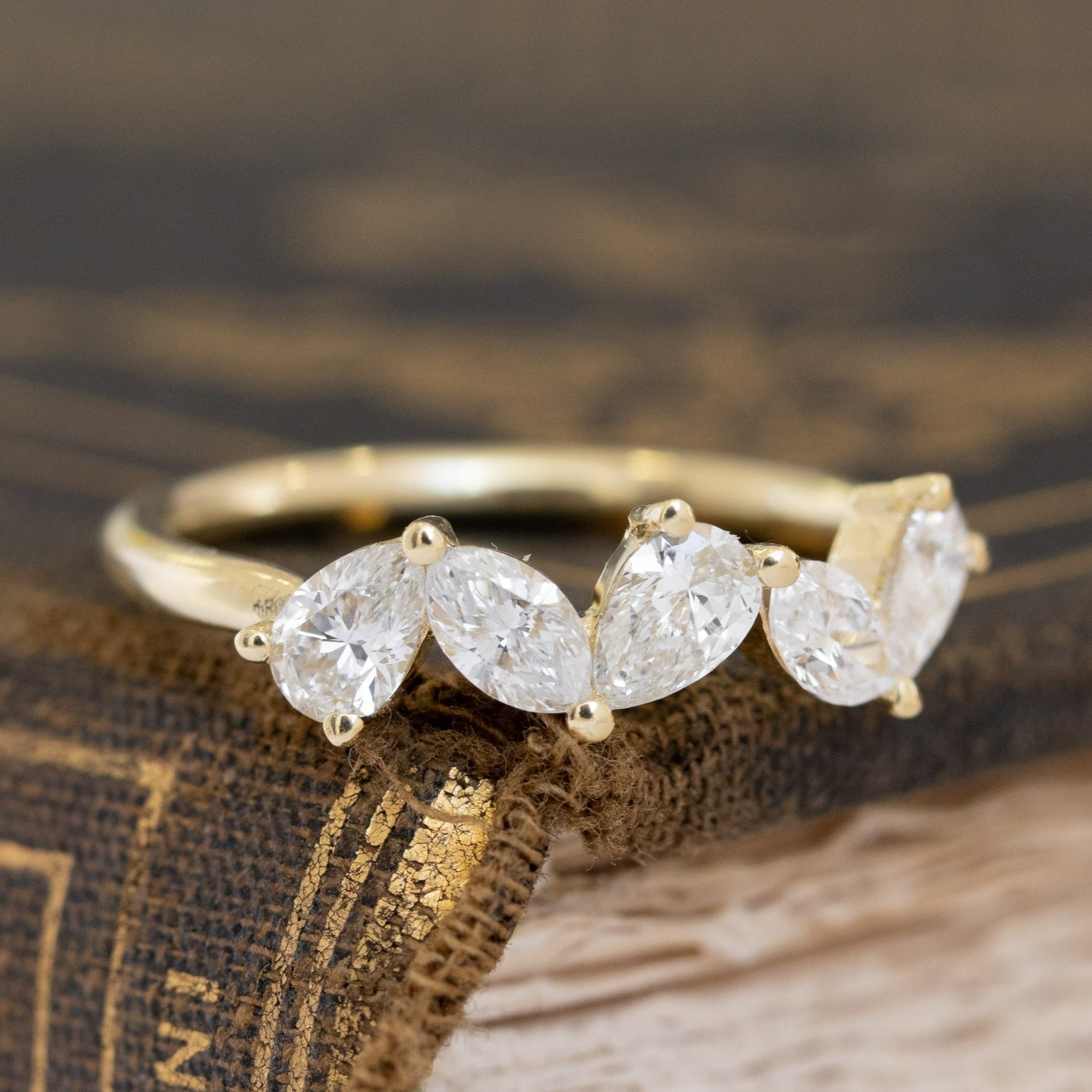 Historic style .87ctw Mixed Pear & Marquise Cut Diamond 5-Stone Band wedding band with Antique Diamonds, unique heirloom in yellow gold