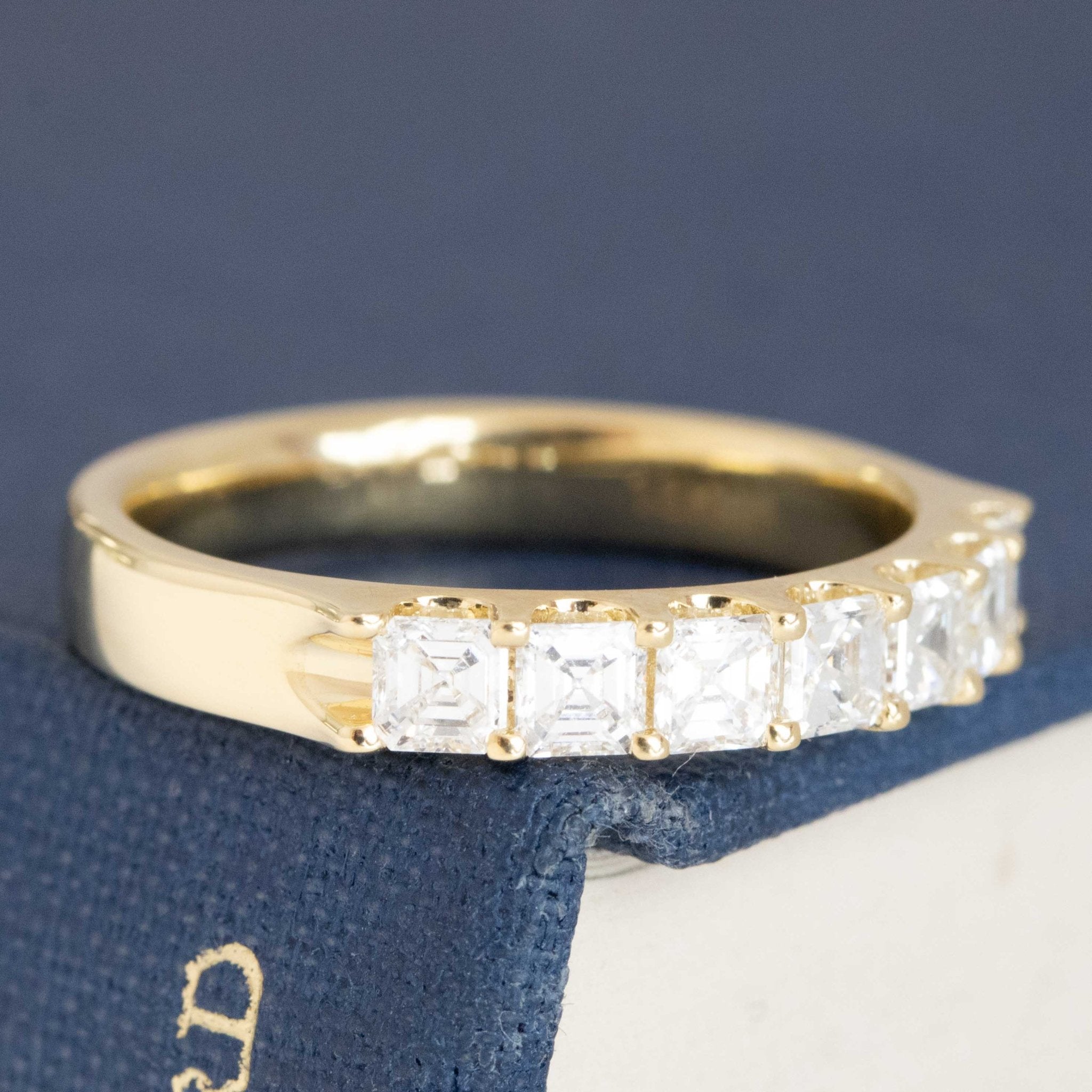 Historic style .88ctw Asscher Cut Diamond 7-Stone Band wedding band with Antique Diamonds, unique heirloom in yellow gold