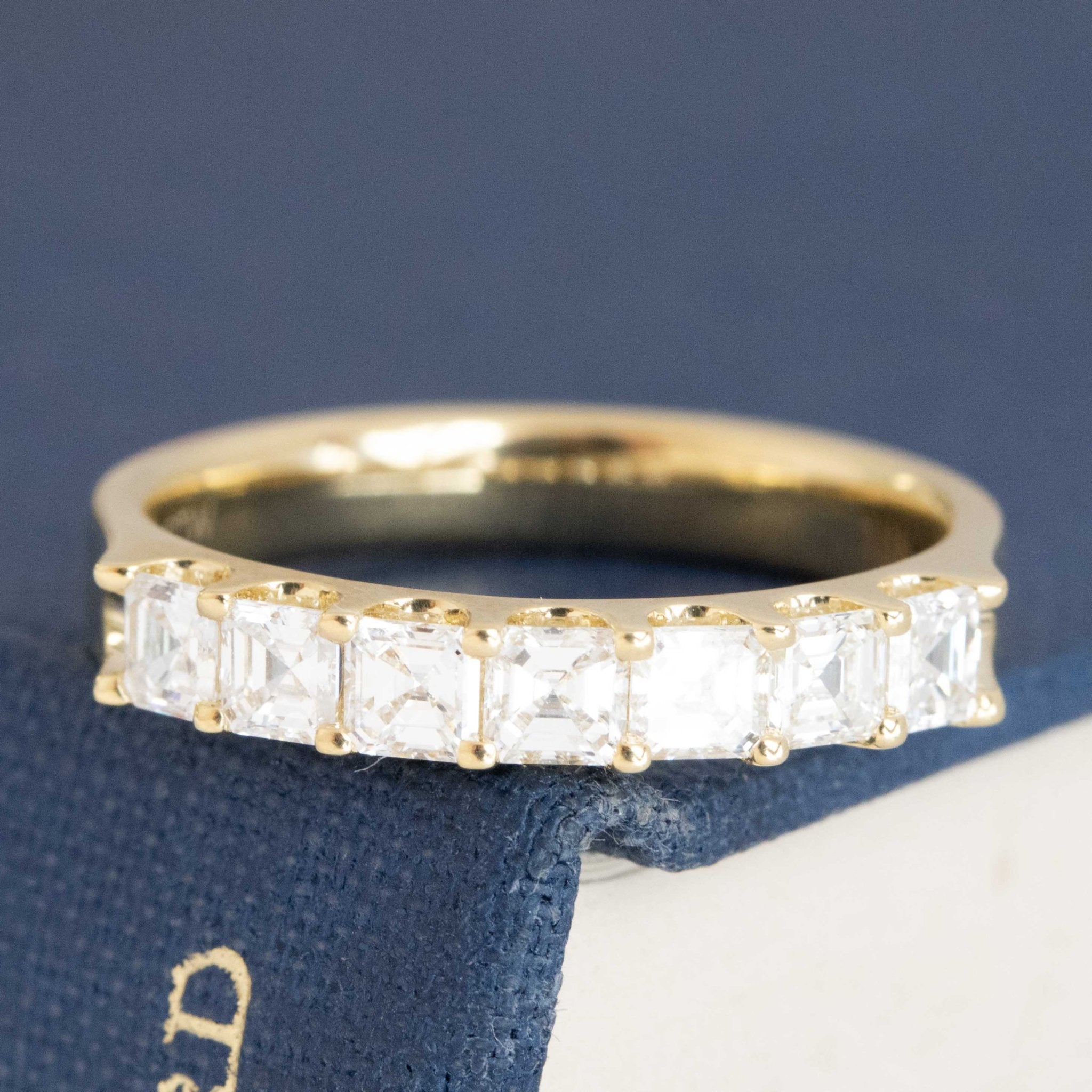 .88ctw Asscher Cut Diamond 7-Stone Band with Antique Diamonds in yellow gold, antique-inspired one-of-a-kind wedding band