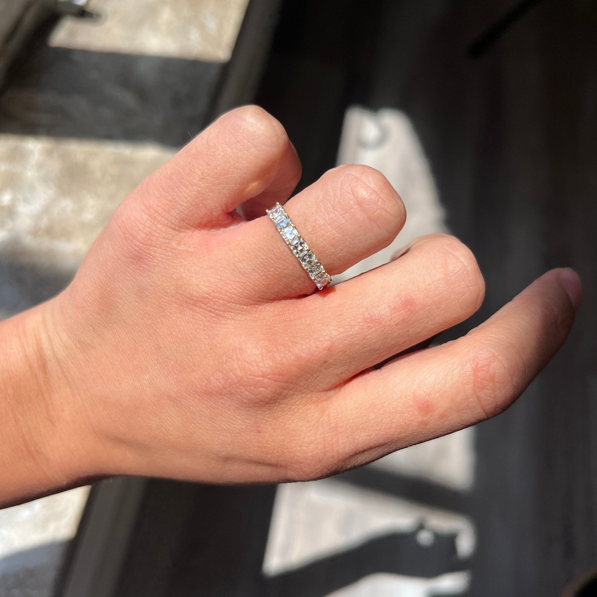 Elegant .88ctw Asscher Cut Diamond 7-Stone Band, romantic design with Antique Diamonds, Earth-mined diamonds in yellow gold shown on ring finger