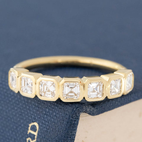 .89ctw Asscher Cut Diamond Bezel 7-Stone Band with Antique Diamonds in yellow gold, antique-inspired one-of-a-kind wedding band