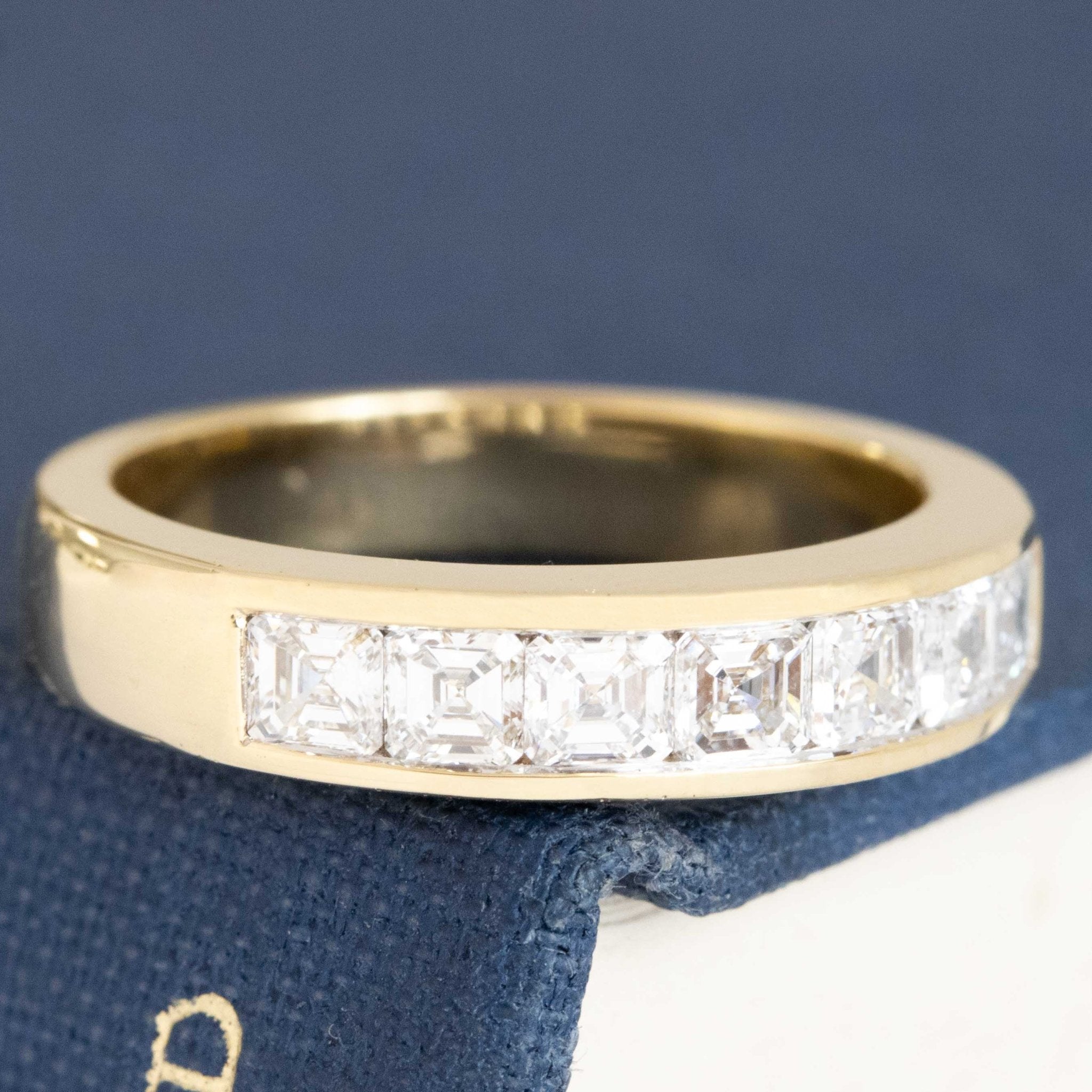 Historic style .89ctw Asscher Cut Diamond Channel Band wedding band with Antique Diamonds, unique heirloom in yellow gold