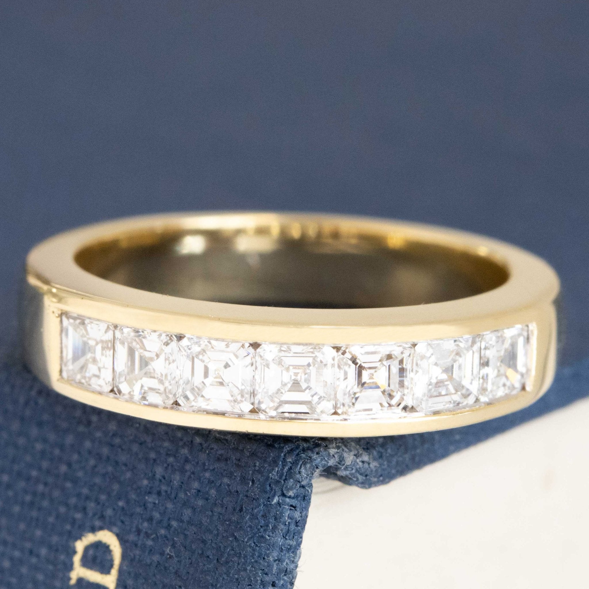 .89ctw Asscher Cut Diamond Channel Band with Antique Diamonds in yellow gold, antique-inspired one-of-a-kind wedding band