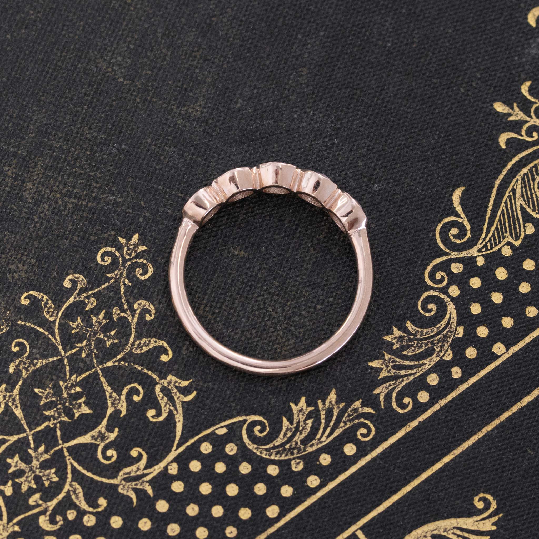 Side view of .89ctw Old European Cut Diamond 5-Stone Bezel Band, vintage-inspired band with Old European Cut Diamonds, crafted in rose gold